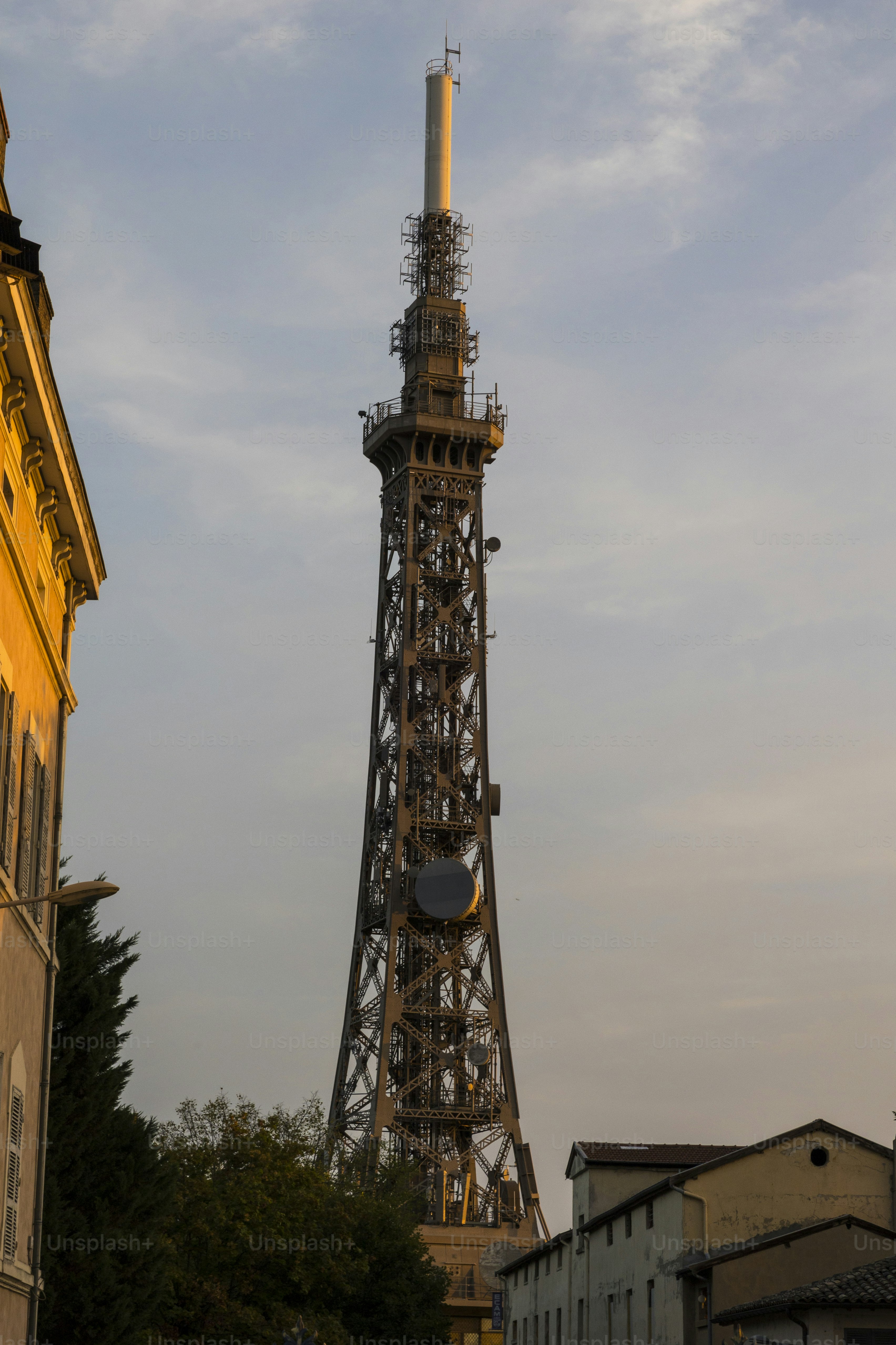 Fourvière metal tower in Lyon at sunrise