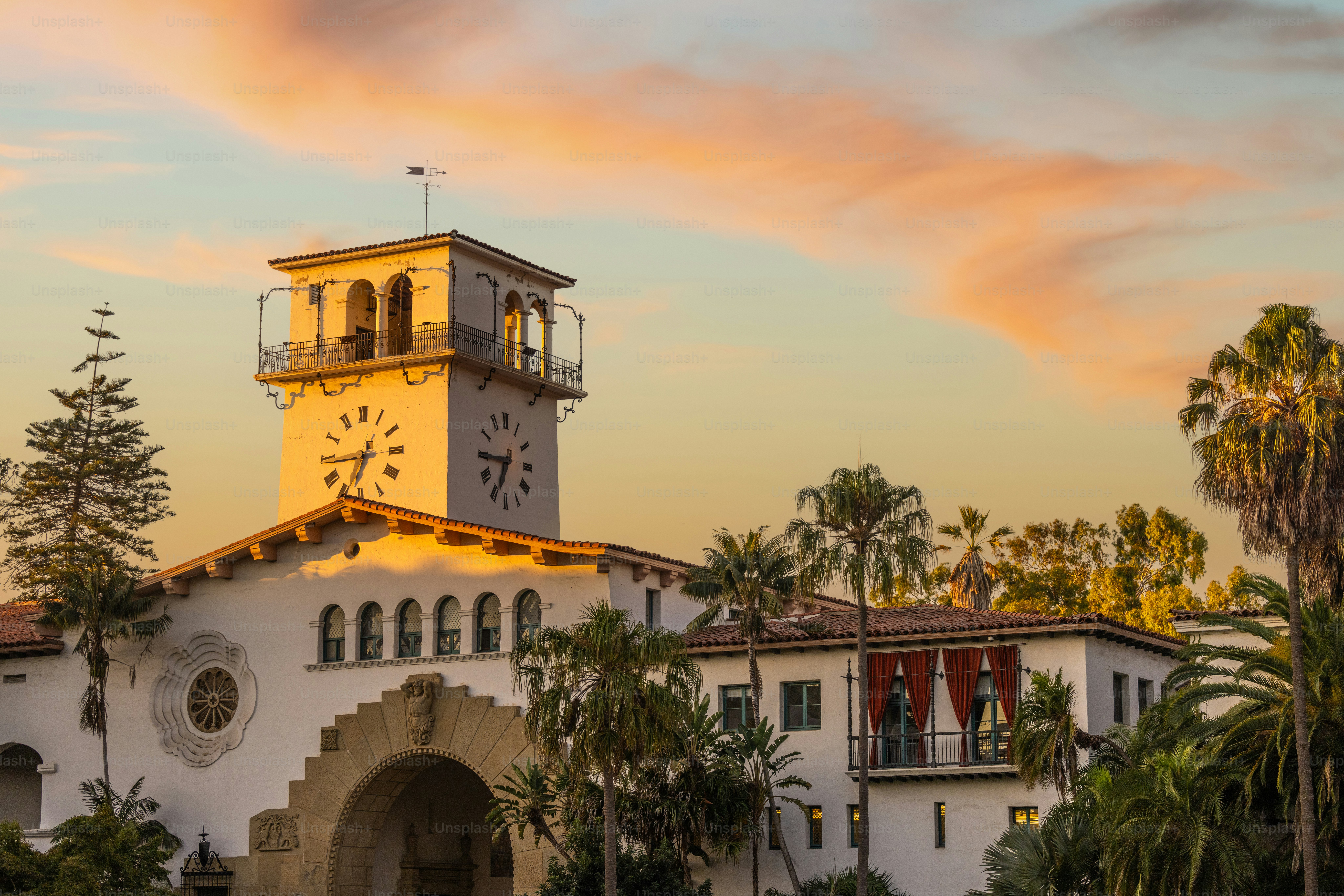 Santa Barbara's historic county courthouse on Anacapa Street as the early morning sunrises over the Pacifica Ocean.