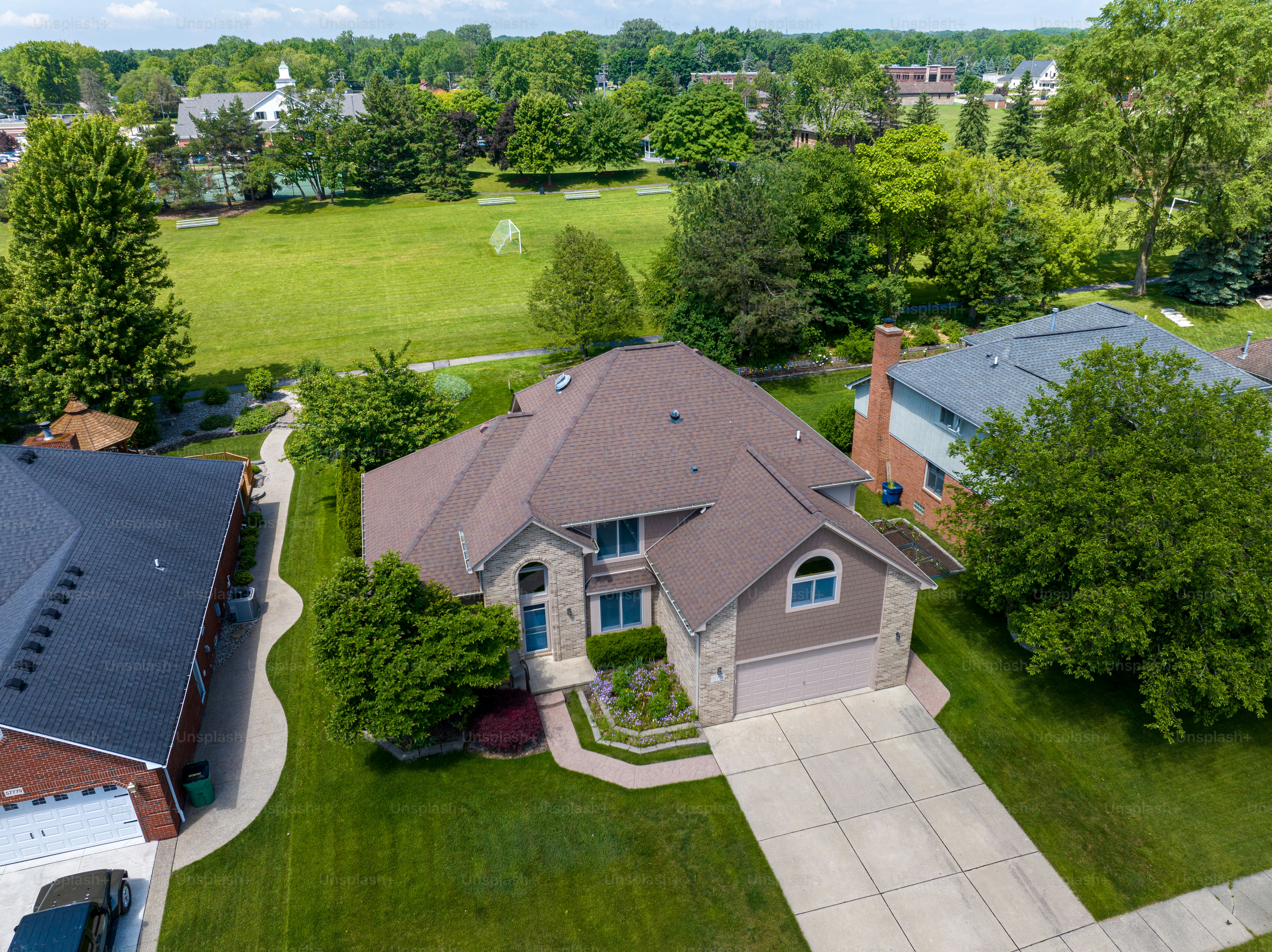 Aerial view of house in a suburb north of Detroit, Michigan.
