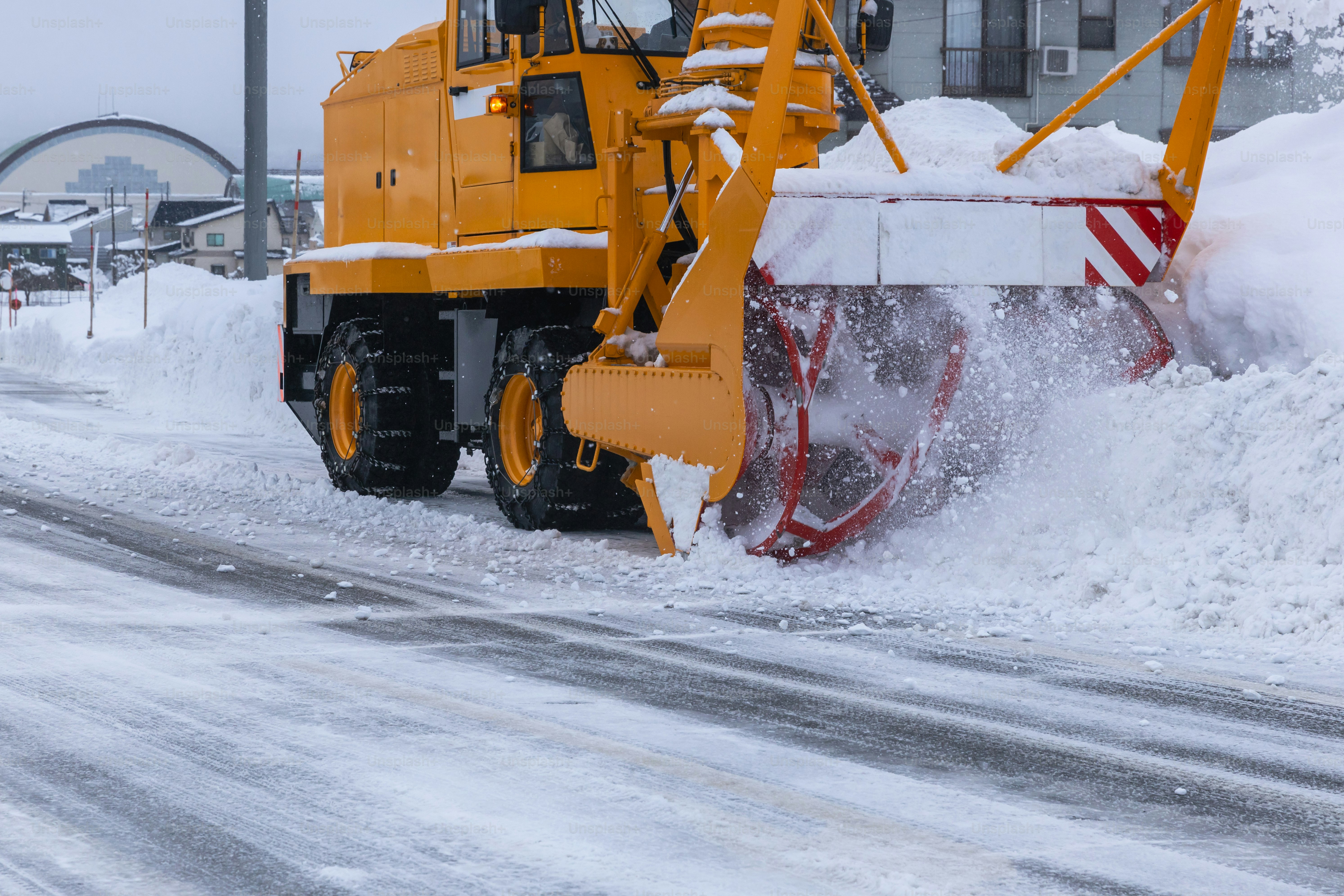 Snowplow removing heavy snow. Yamagata, Japan.