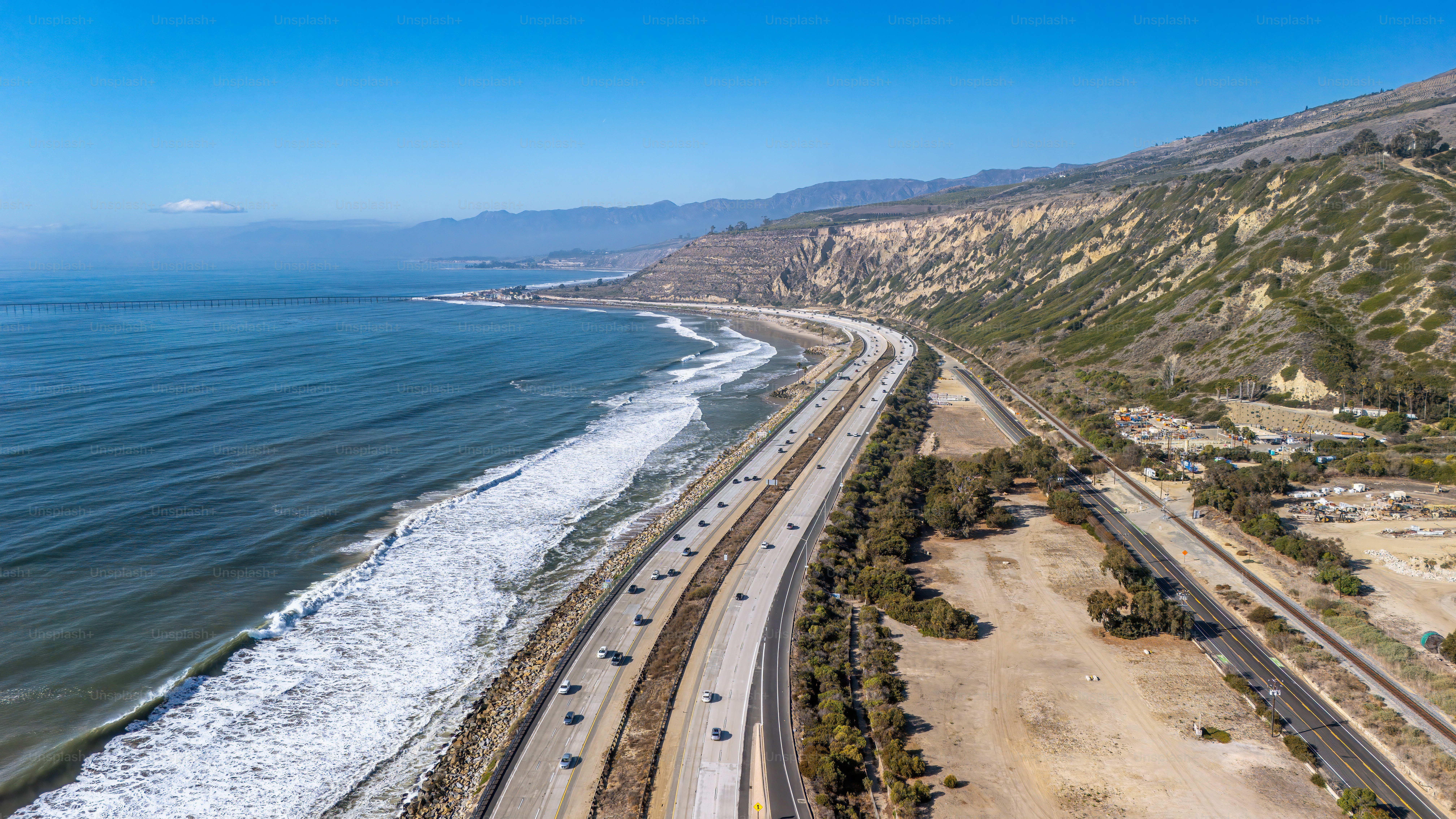 Aerial view of Highway 1, Rincon Beach Park and Santa Barbara Channel, California.