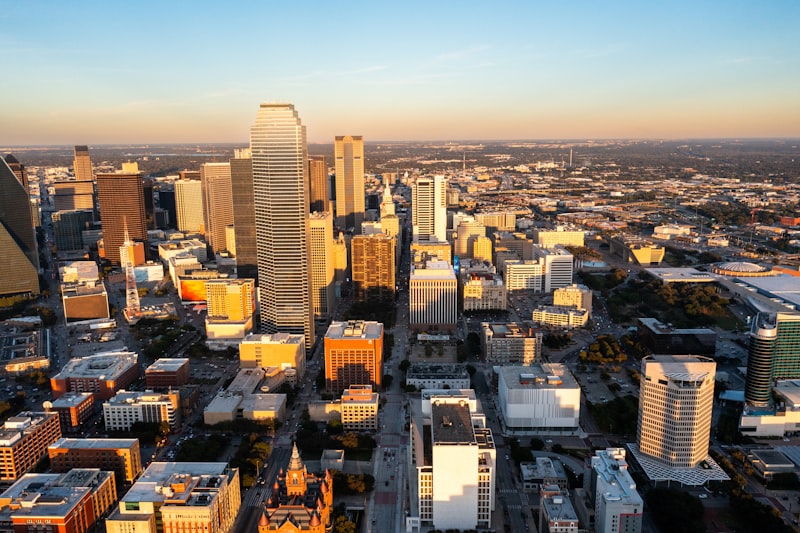 Dallas Texas skyline at sunset with modern skyscrapers