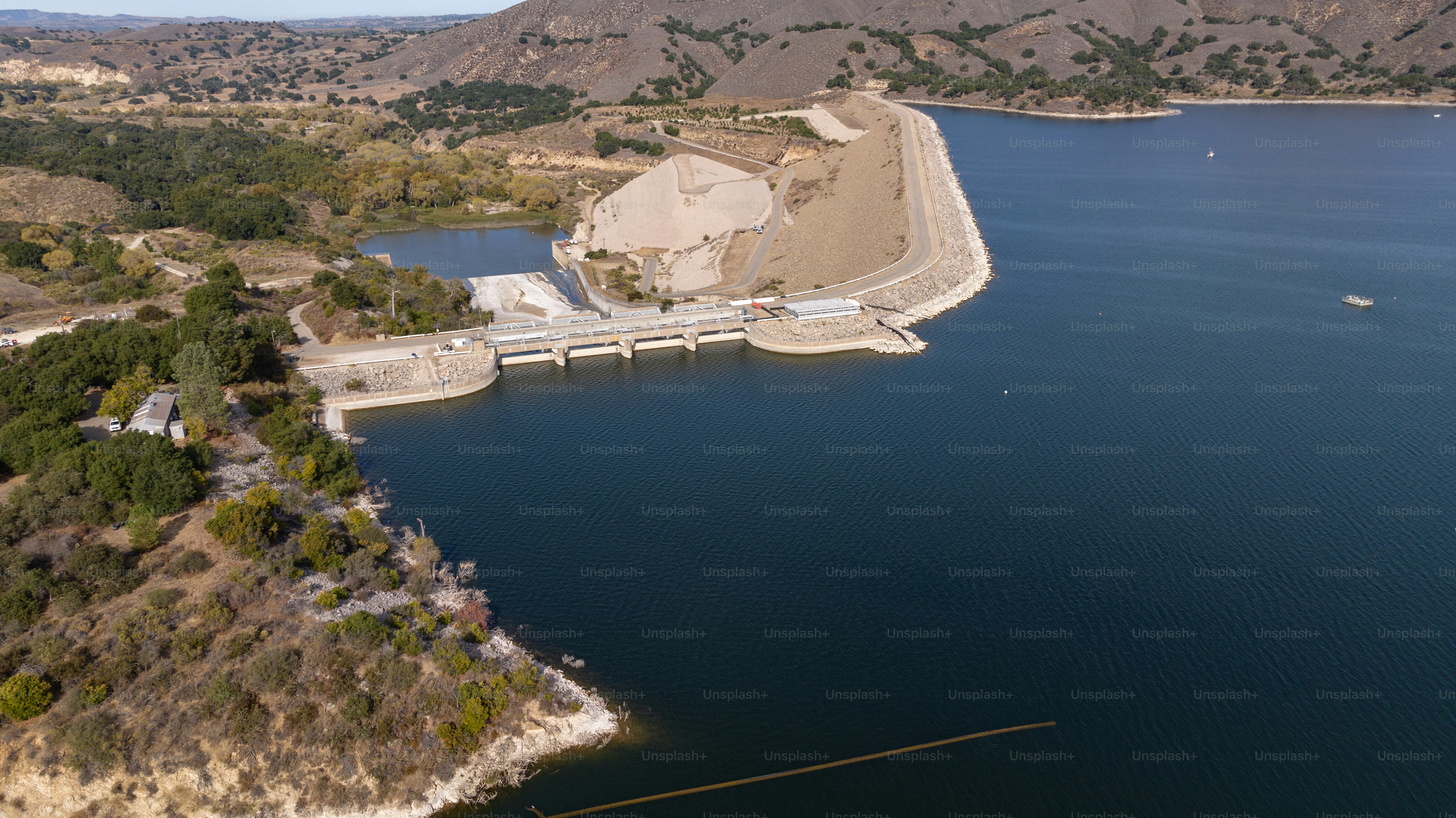 Aerial photo of Cachuma Lake in California formed by the Bradbury Dam ...
