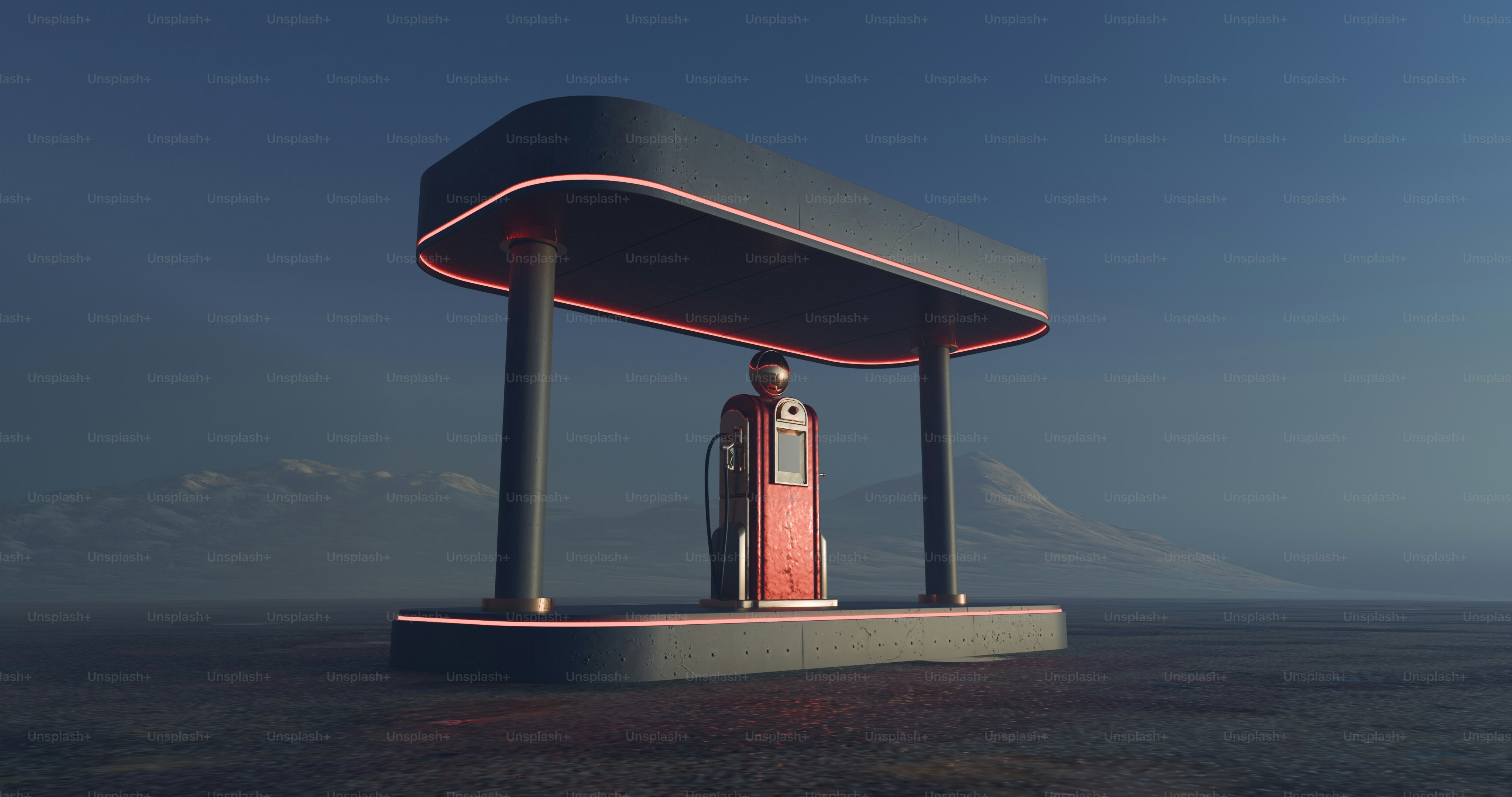 A futuristic gas station with neon lights.