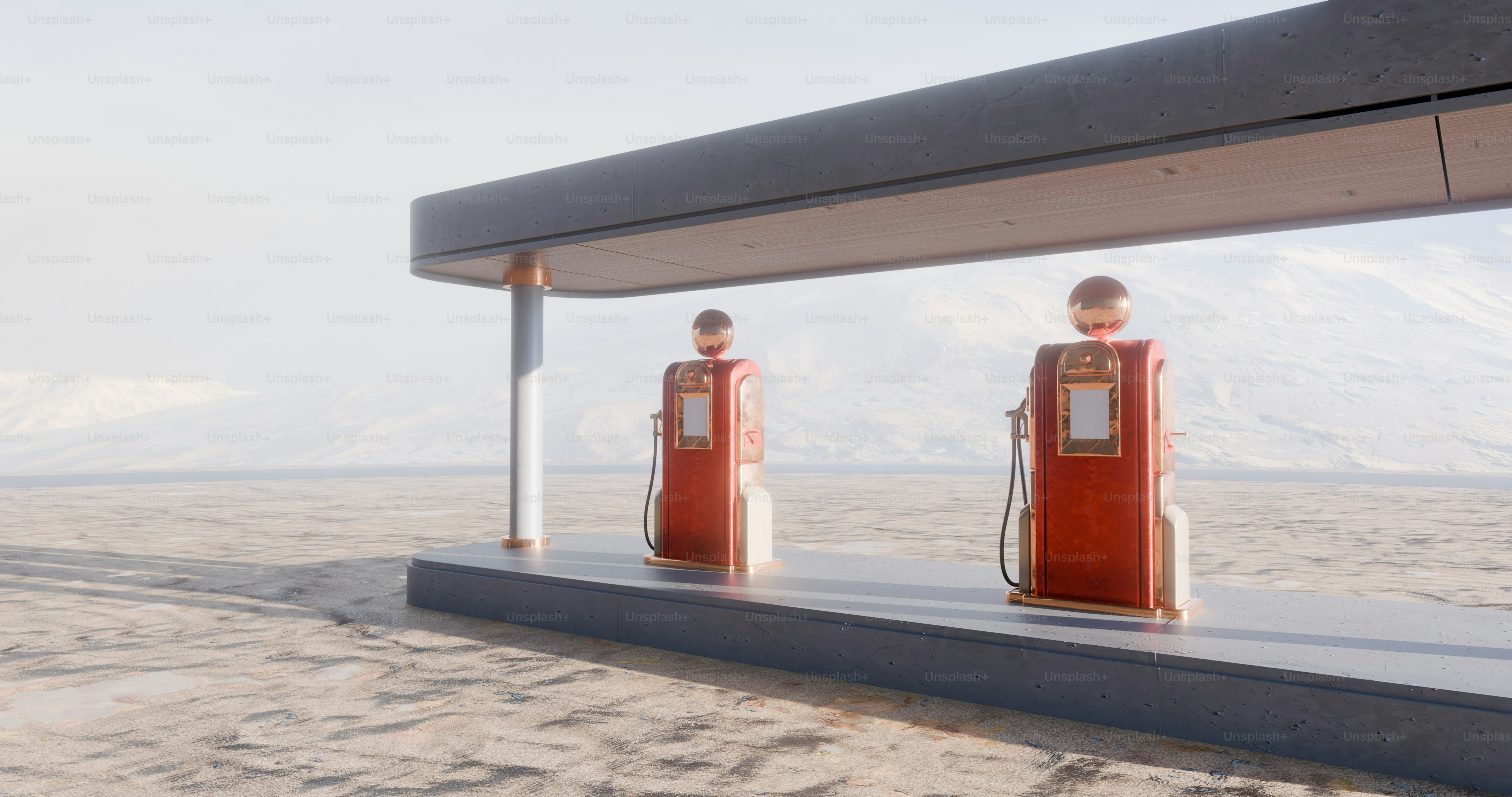 Desert gas station in a desolate landscape.