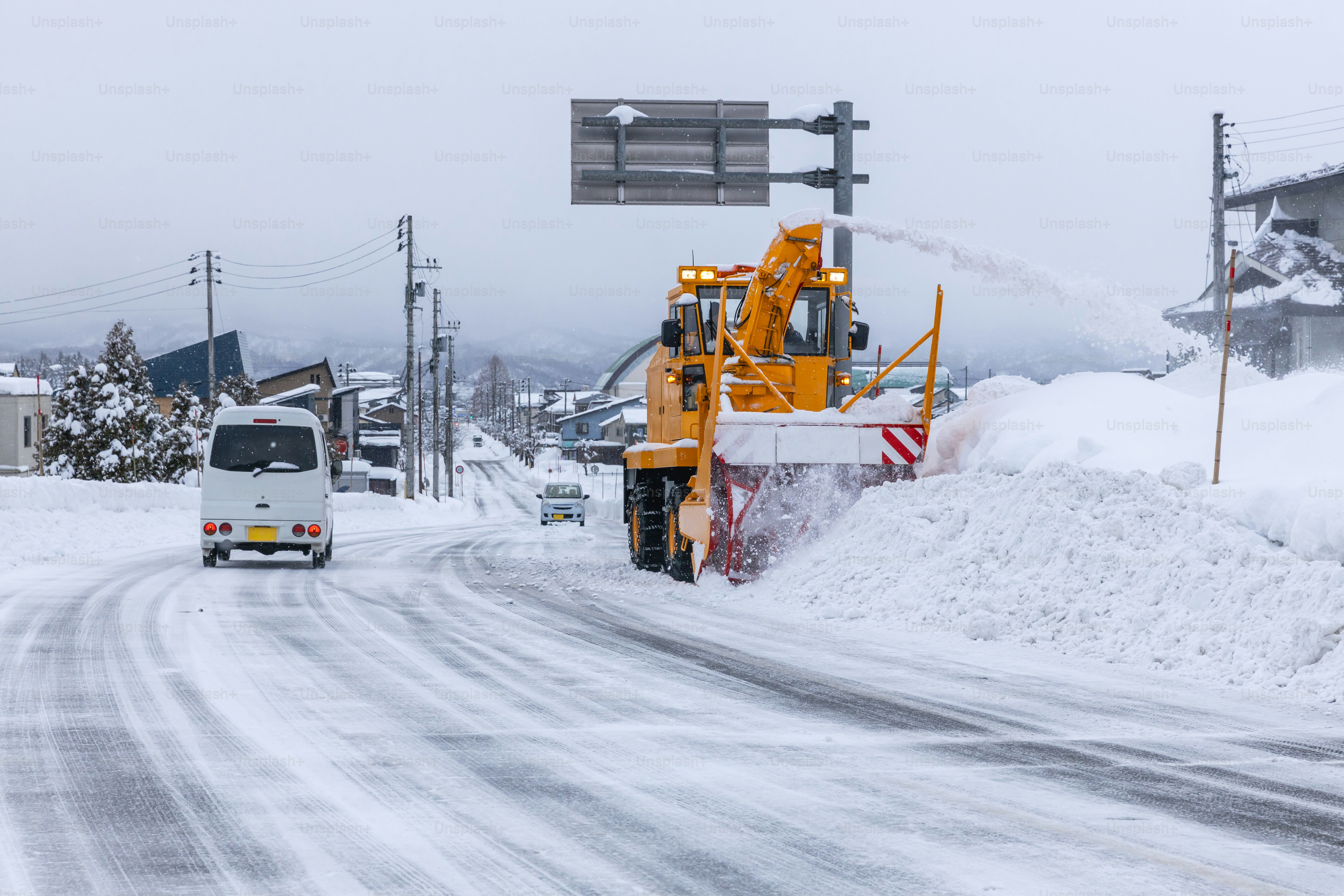Snowplow removing heavy snow. Yamagata, Japan.