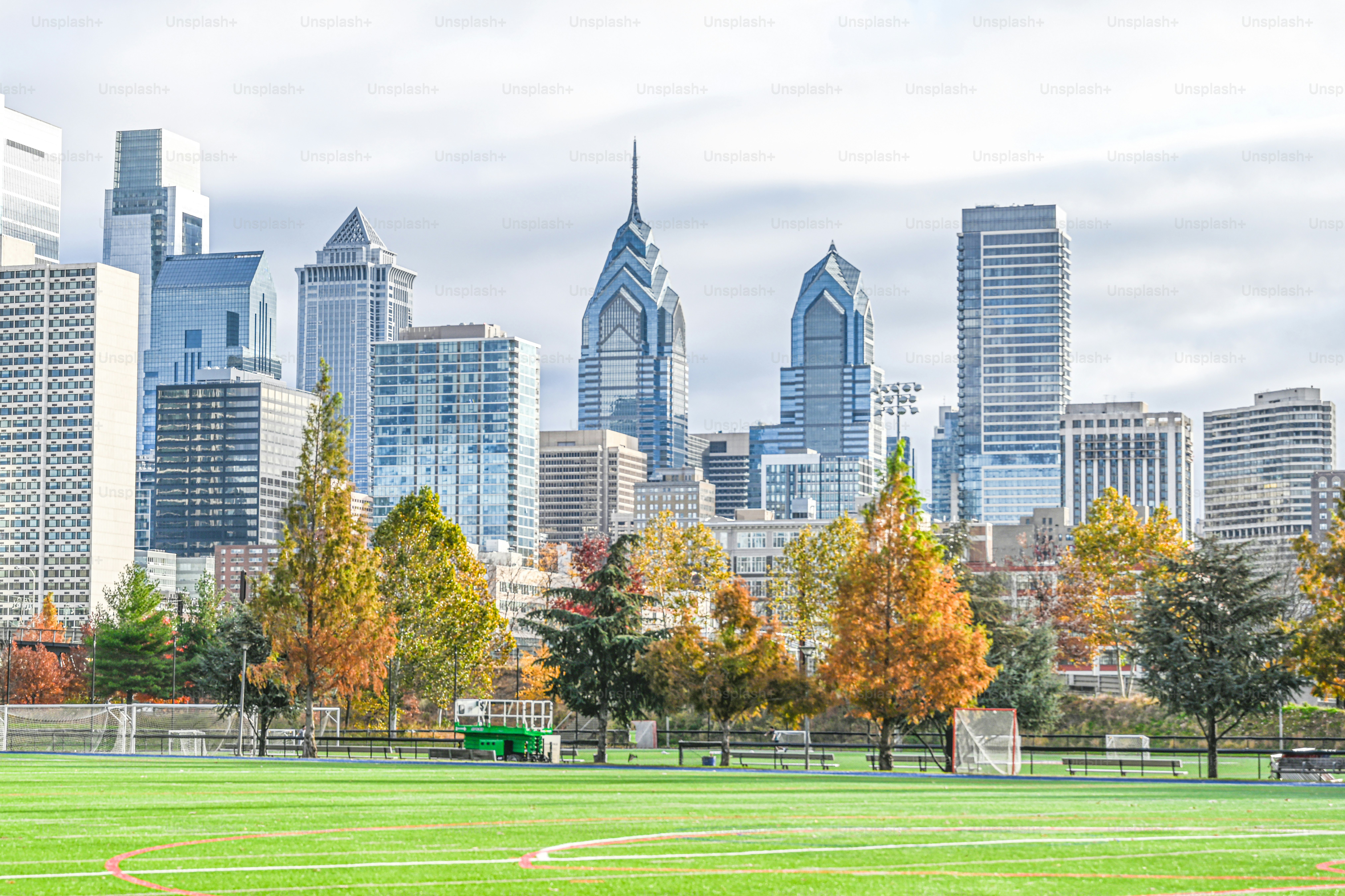 Autumn skyline of Philadelphia. Colourful trees in the foreground