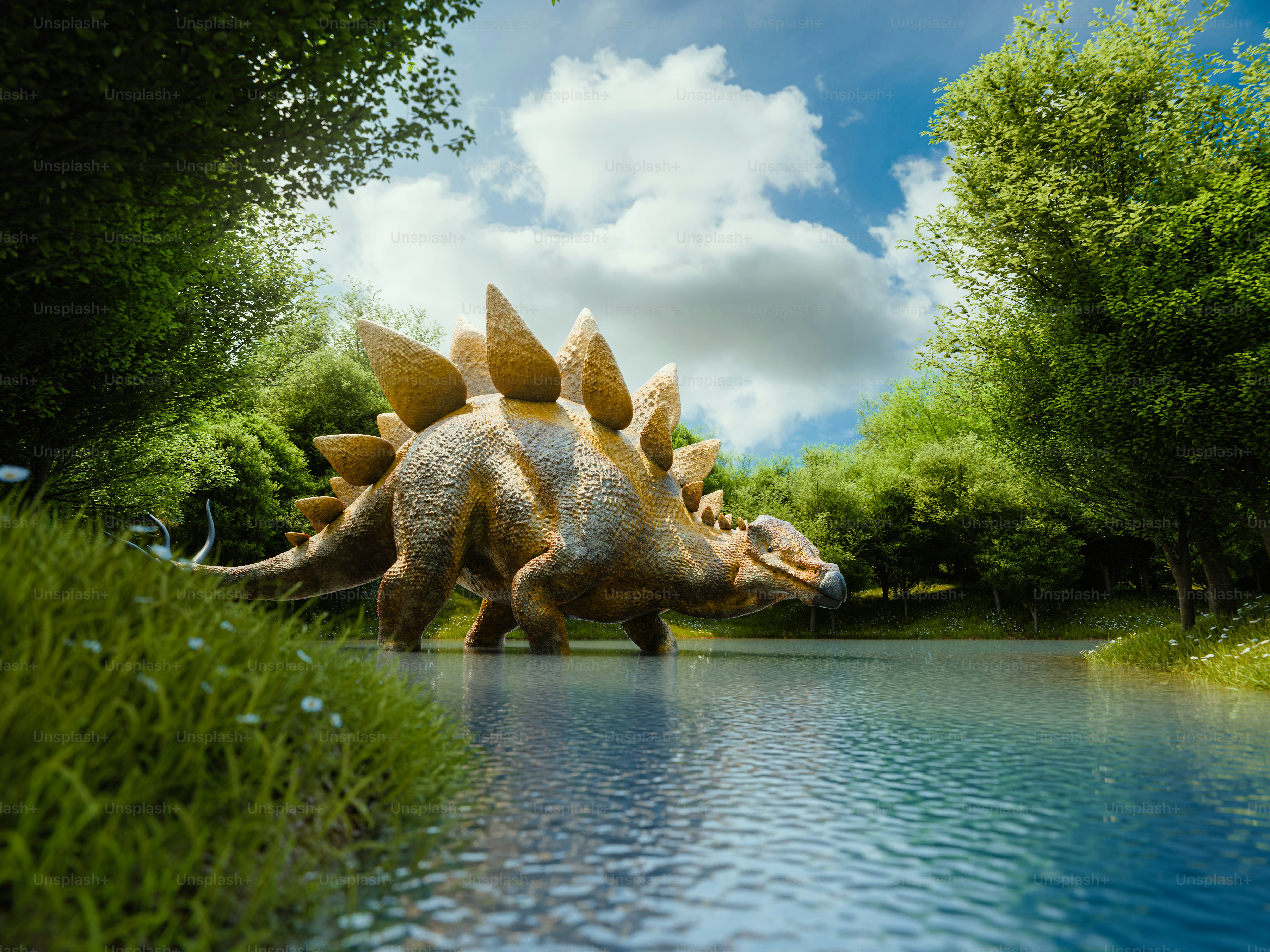 Stegosaurus drinks water in a tranquil lake.