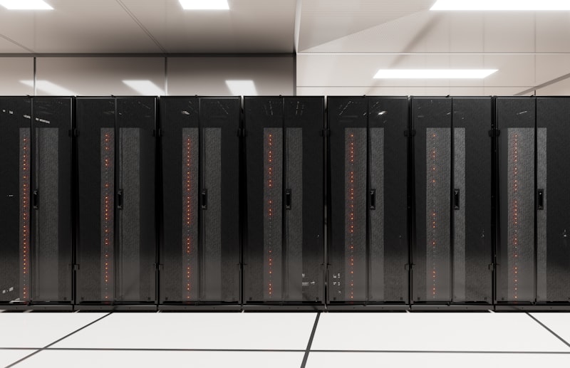 Wall Street trading floor, Dow Jones stock chart, data center servers, AI technology, corporate headquarters