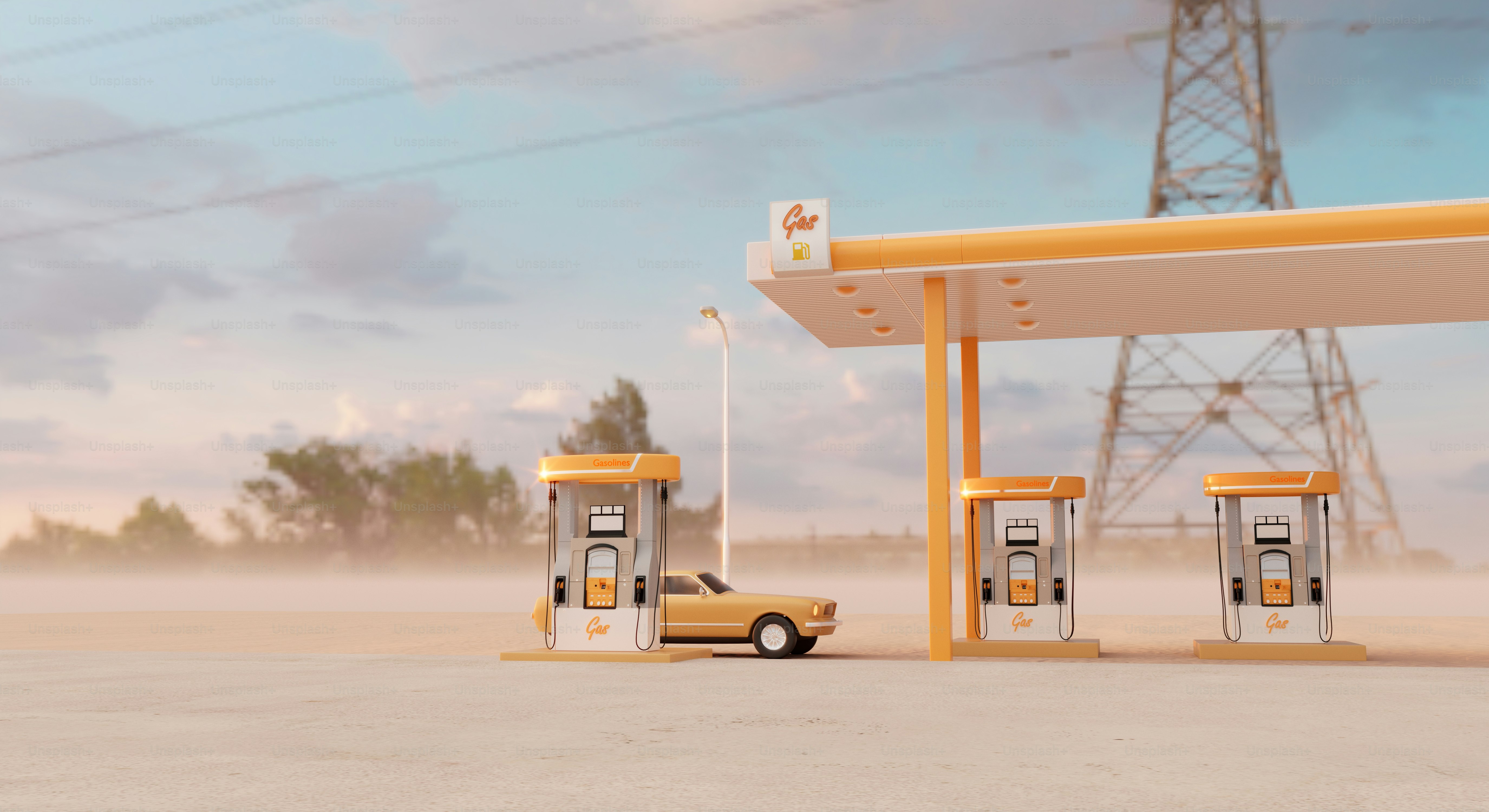 A deserted gas station with car.