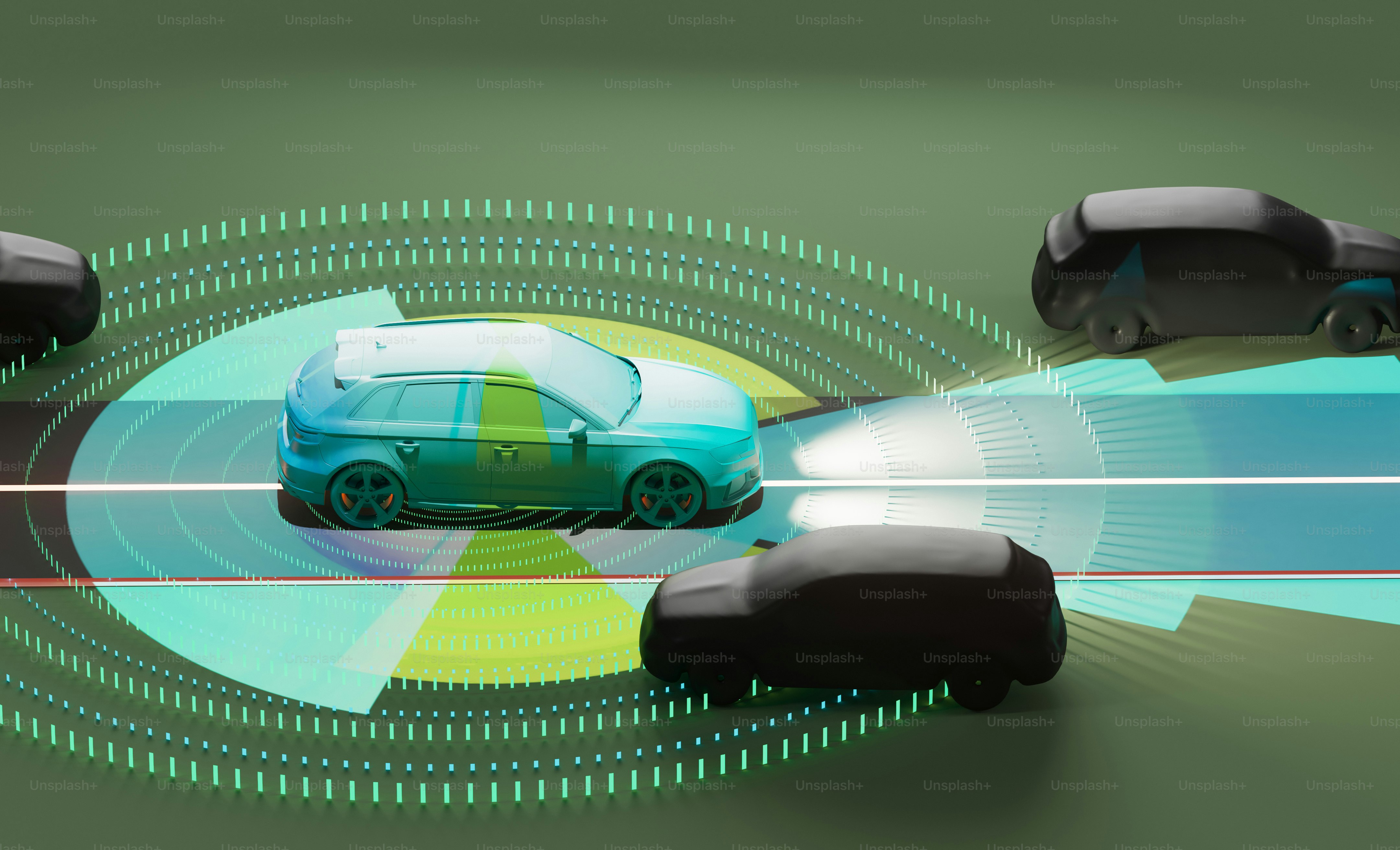 Um carro usa sensores para direção autônoma.
