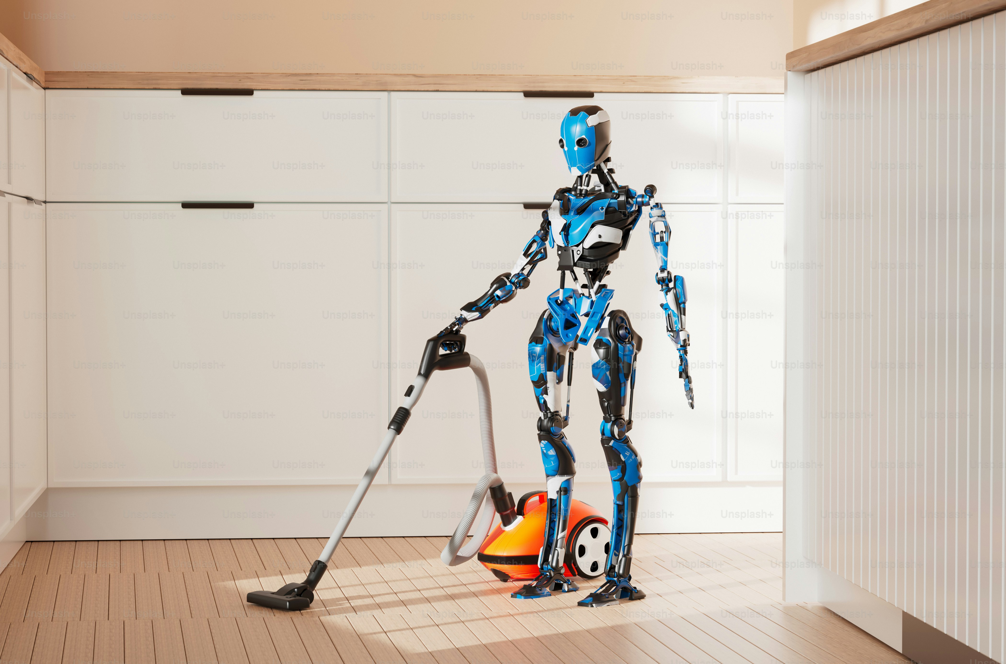 A robot vacuums a kitchen floor.