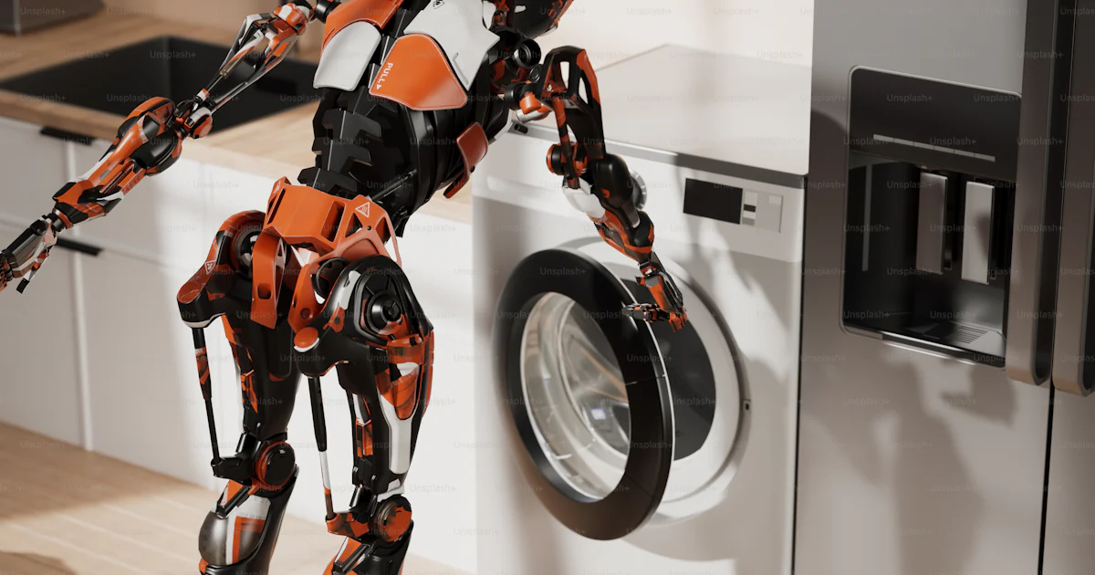 Un robot lava la ropa en una cocina moderna. foto – Imagen de Robot en Un robot lava la ropa en una cocina moderna. foto – Imagen de Robot en