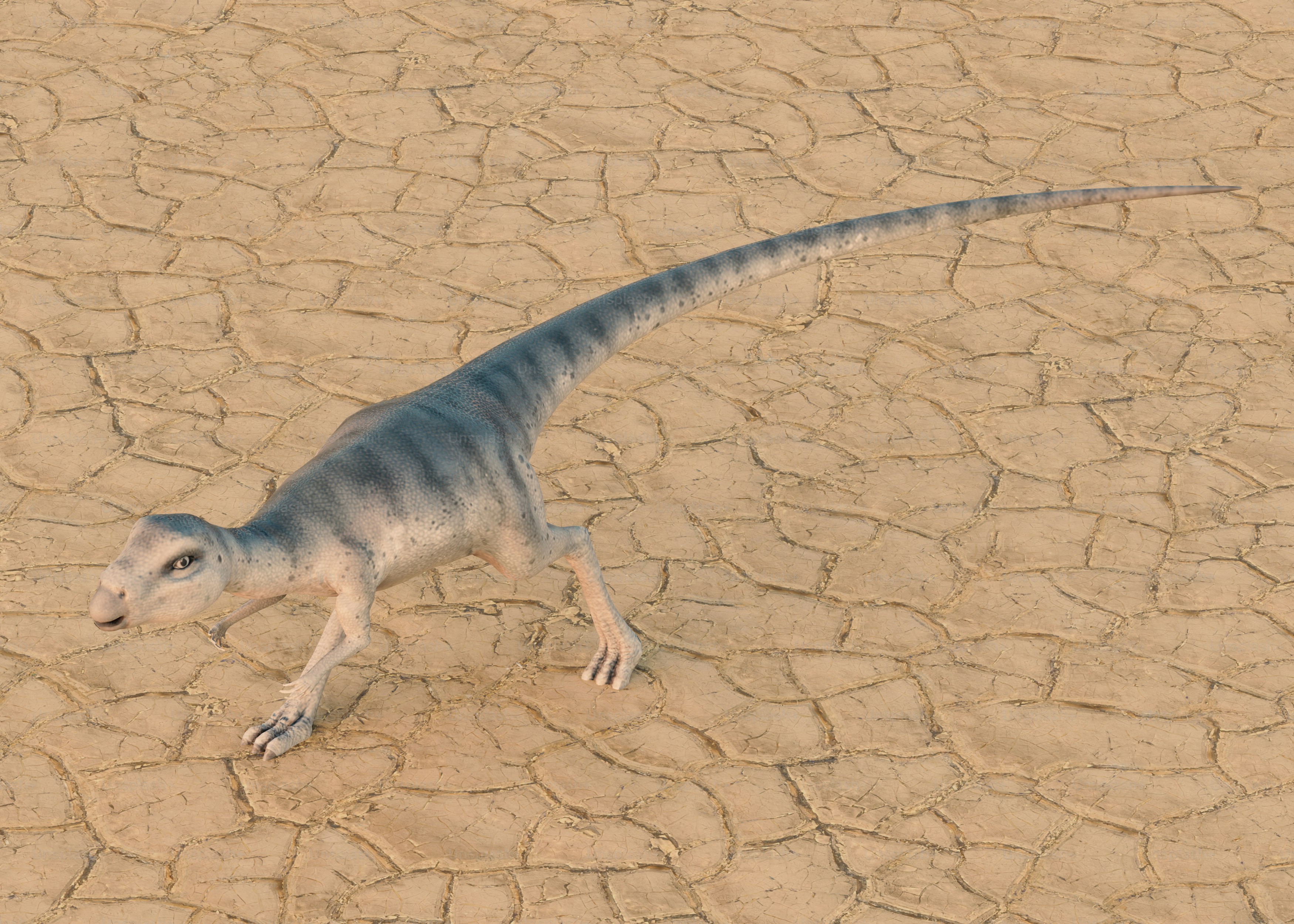 Un dinosaure marche sur un sol fissuré.