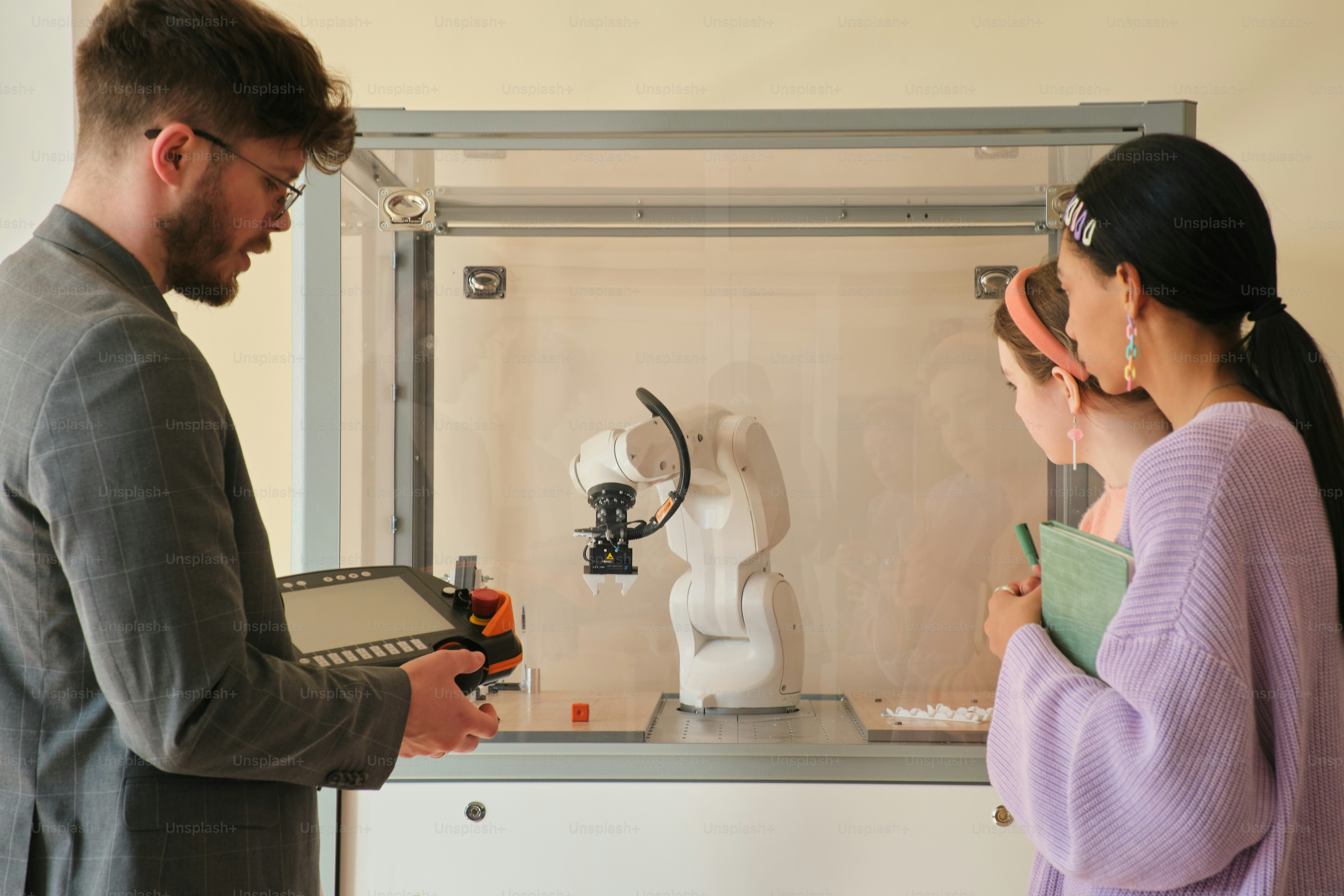 Students observe a robot arm in a lab. photo – Technology Image on Unsplash