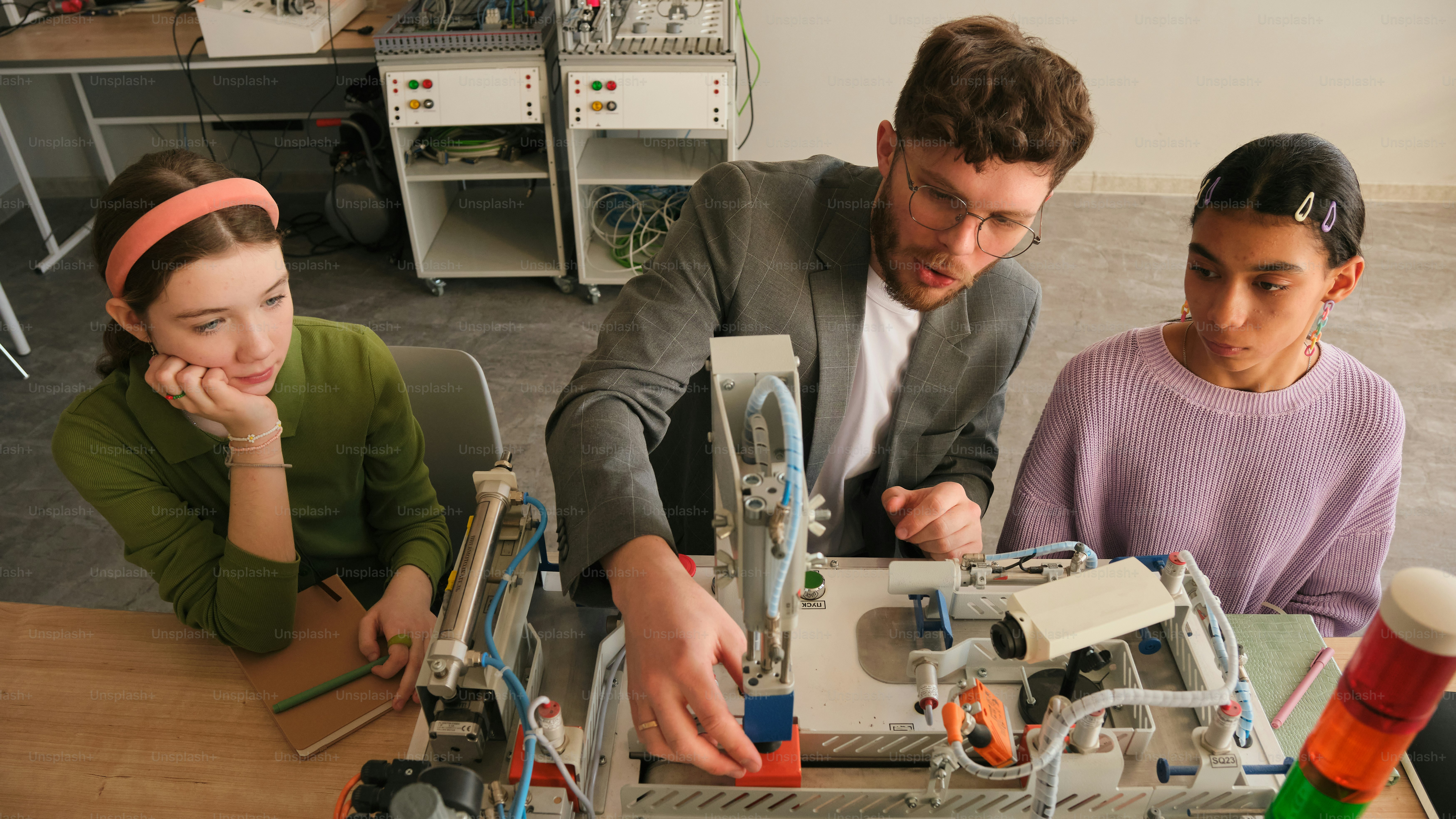 Teacher demonstrates robotics to students in a lab. photo – Technology ...