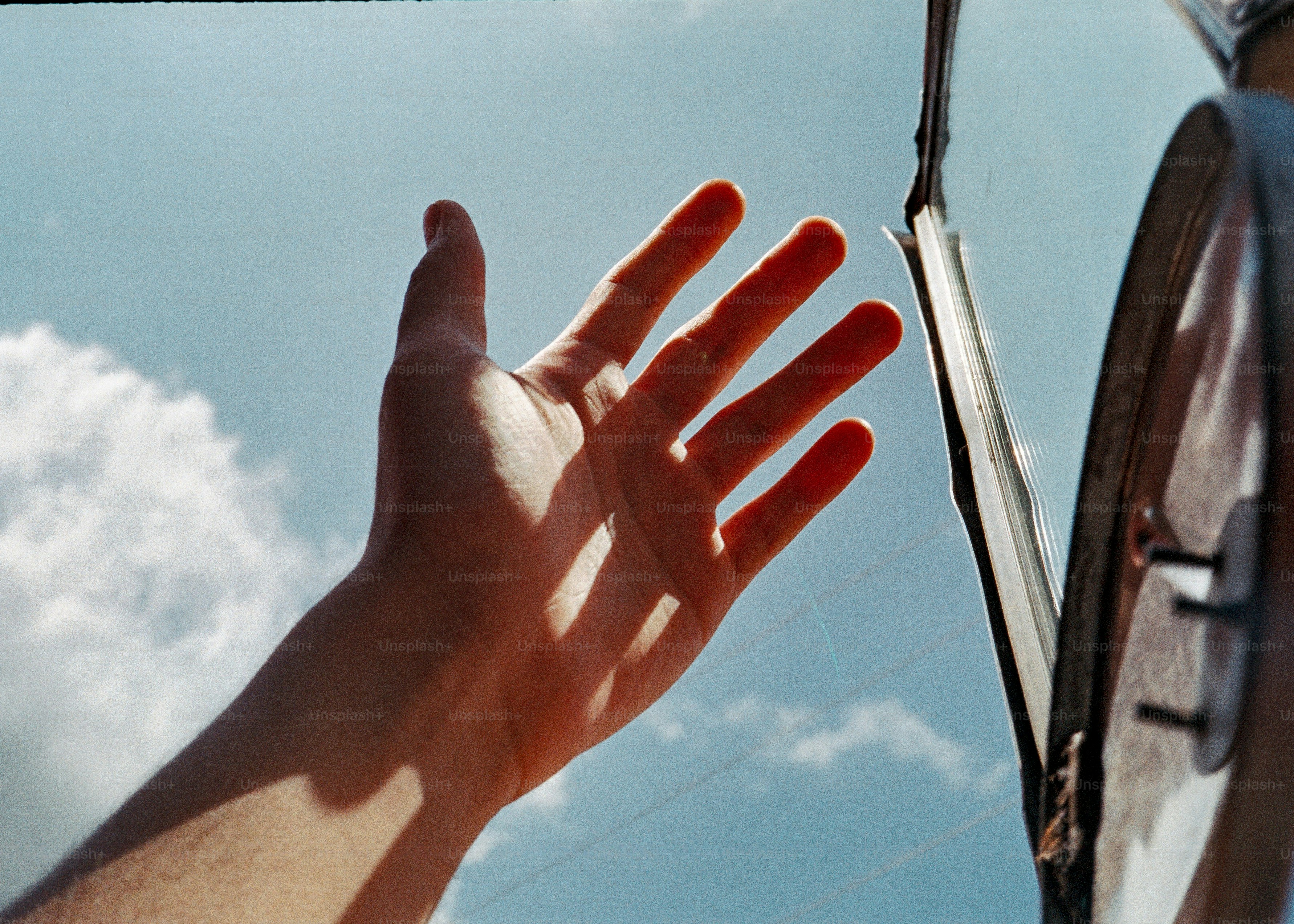 明るい空に向かって手が伸びる。