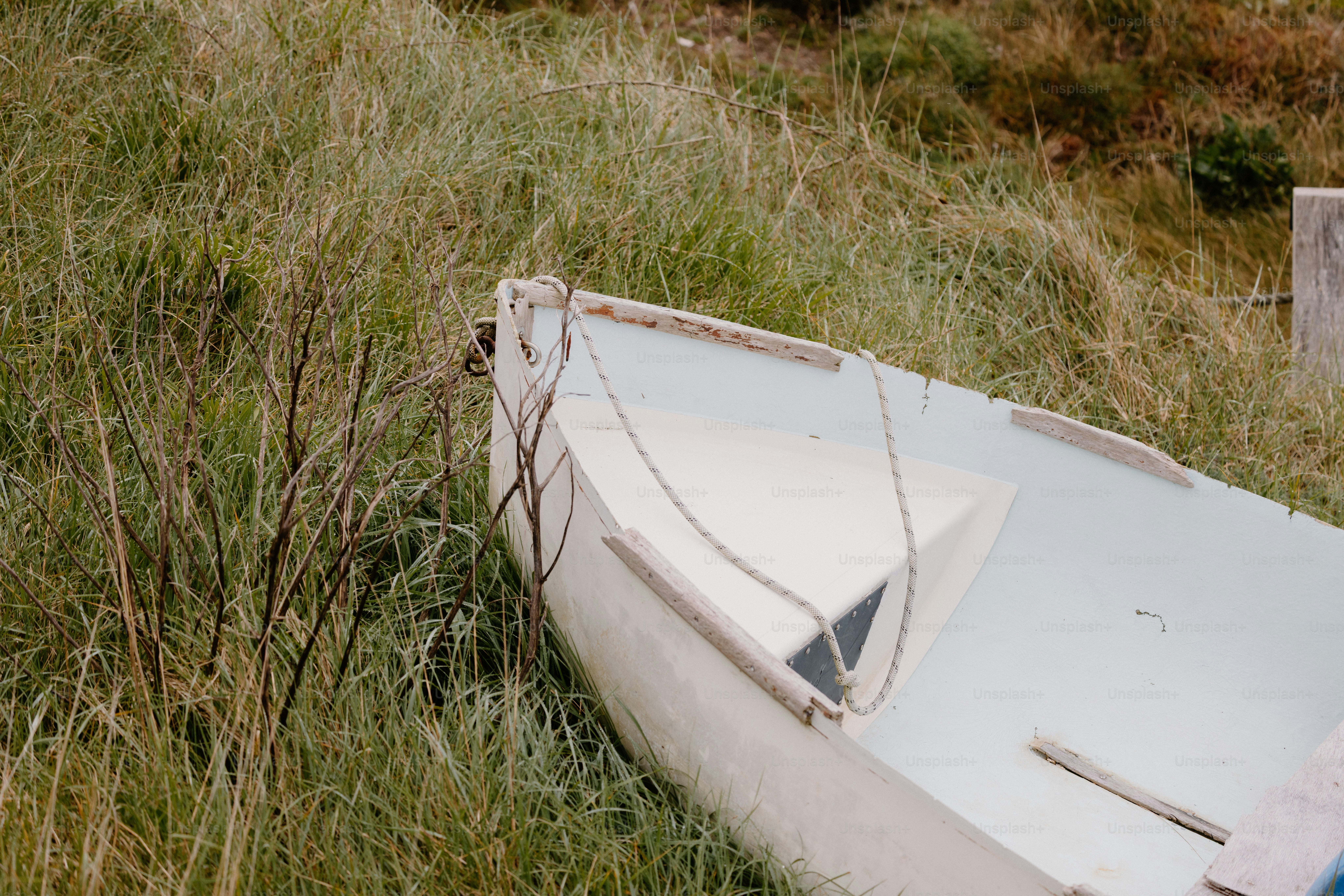 Um pequeno barco fica na grama alta.