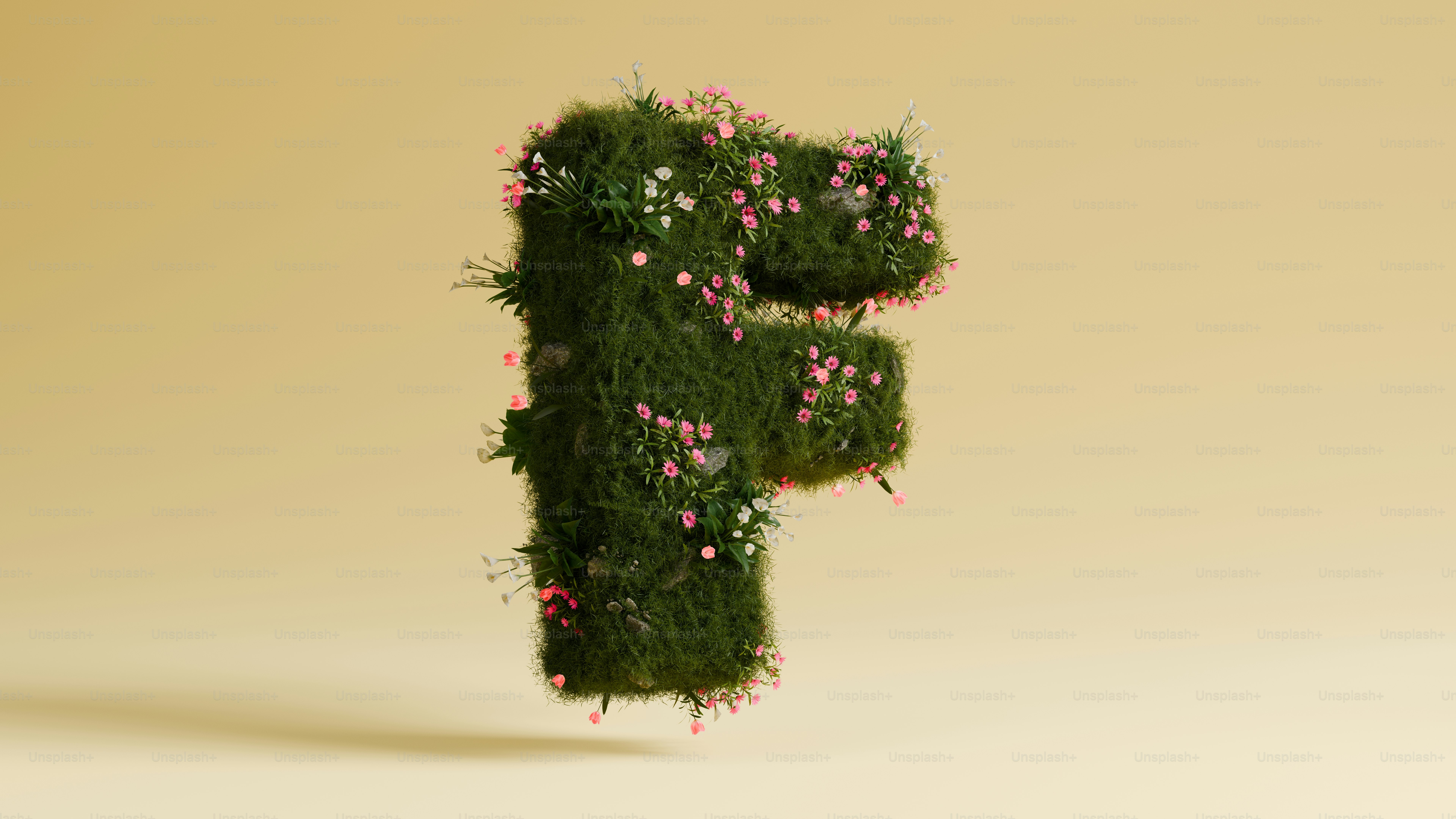 Der Buchstabe "f" ist mit Gras und Blumen bedeckt.