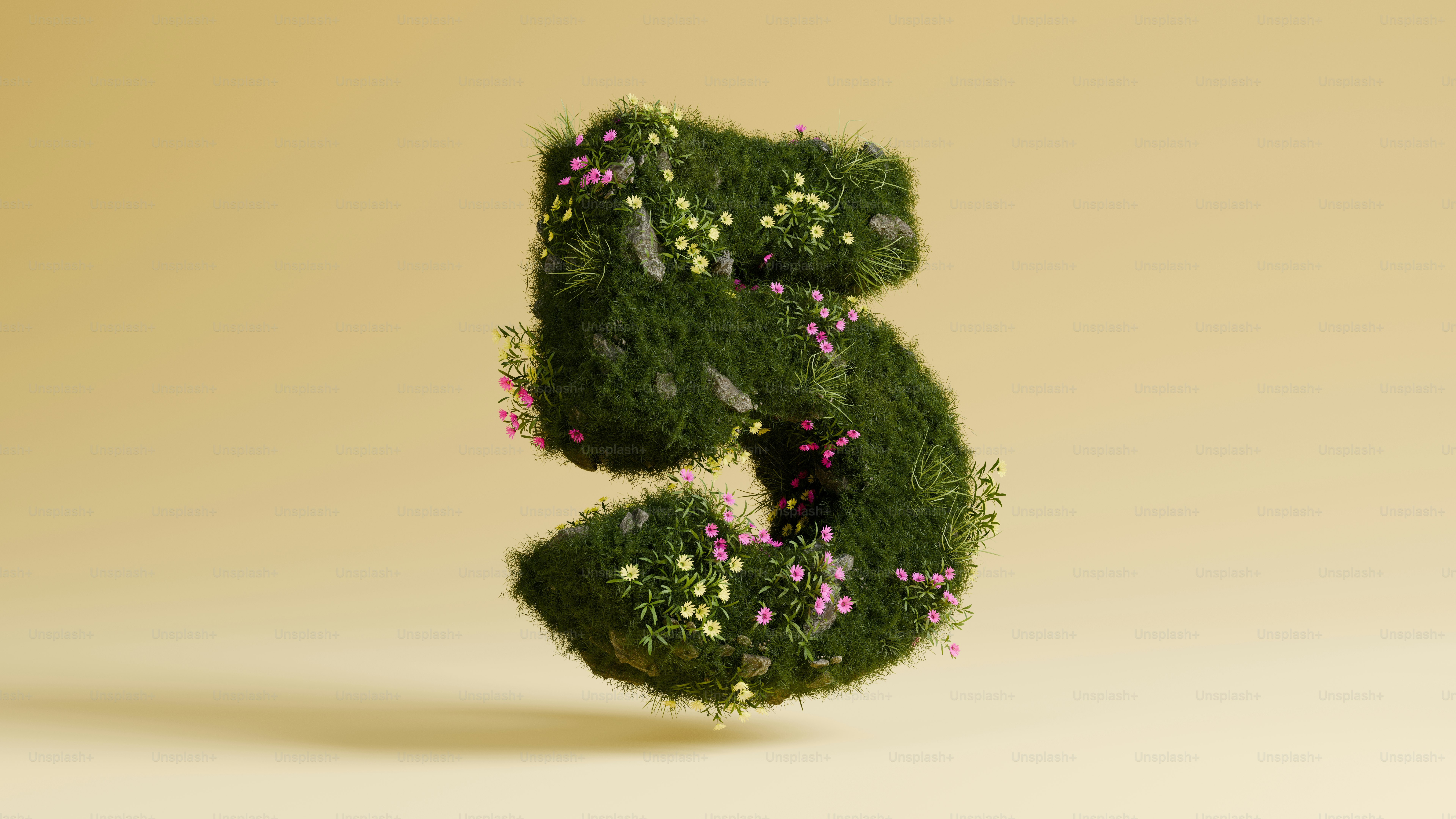 ベージュの背景に花が咲く草が茂った「5」。