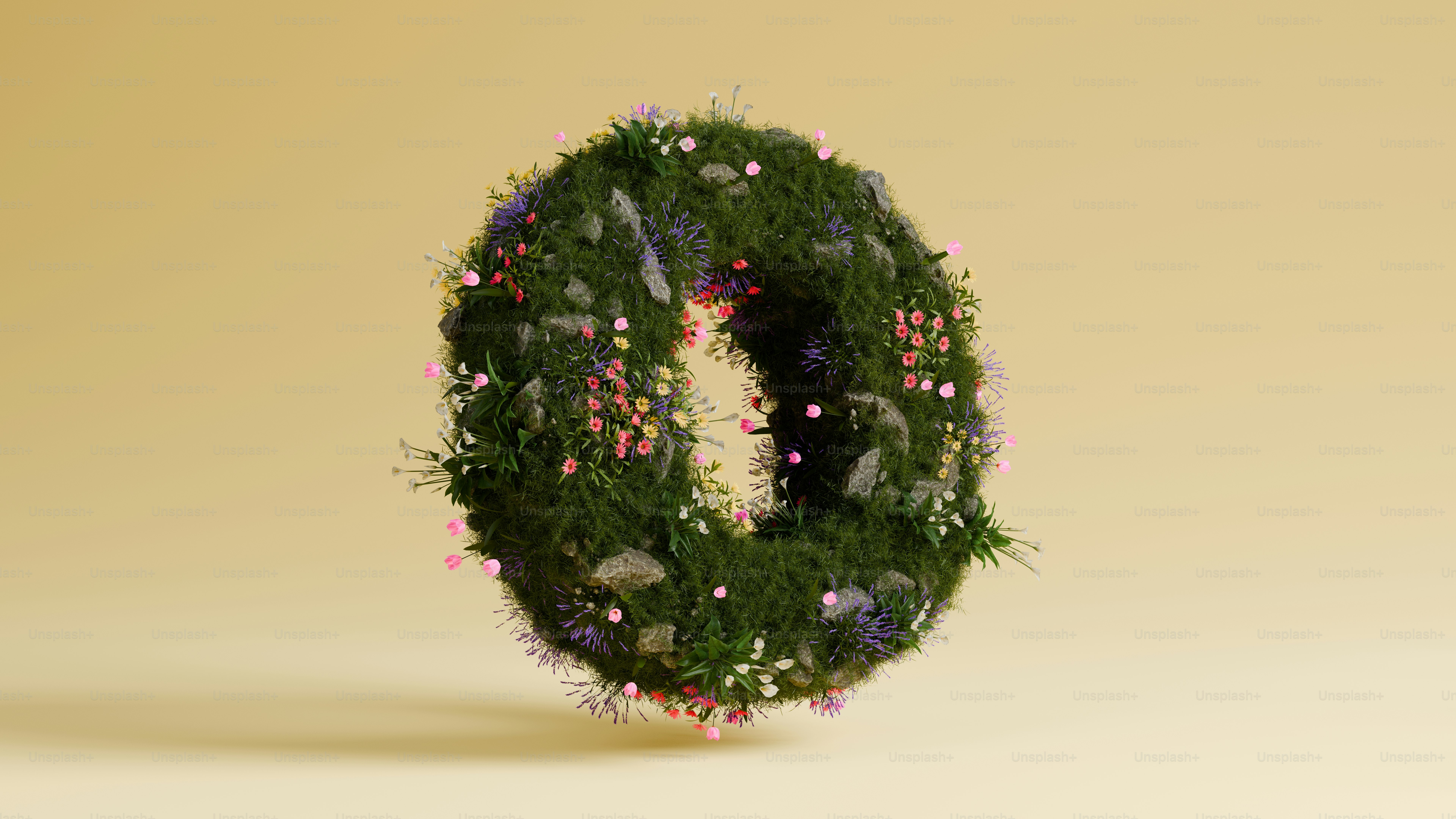 花柄と緑の「o」のシンボルが展示されています。