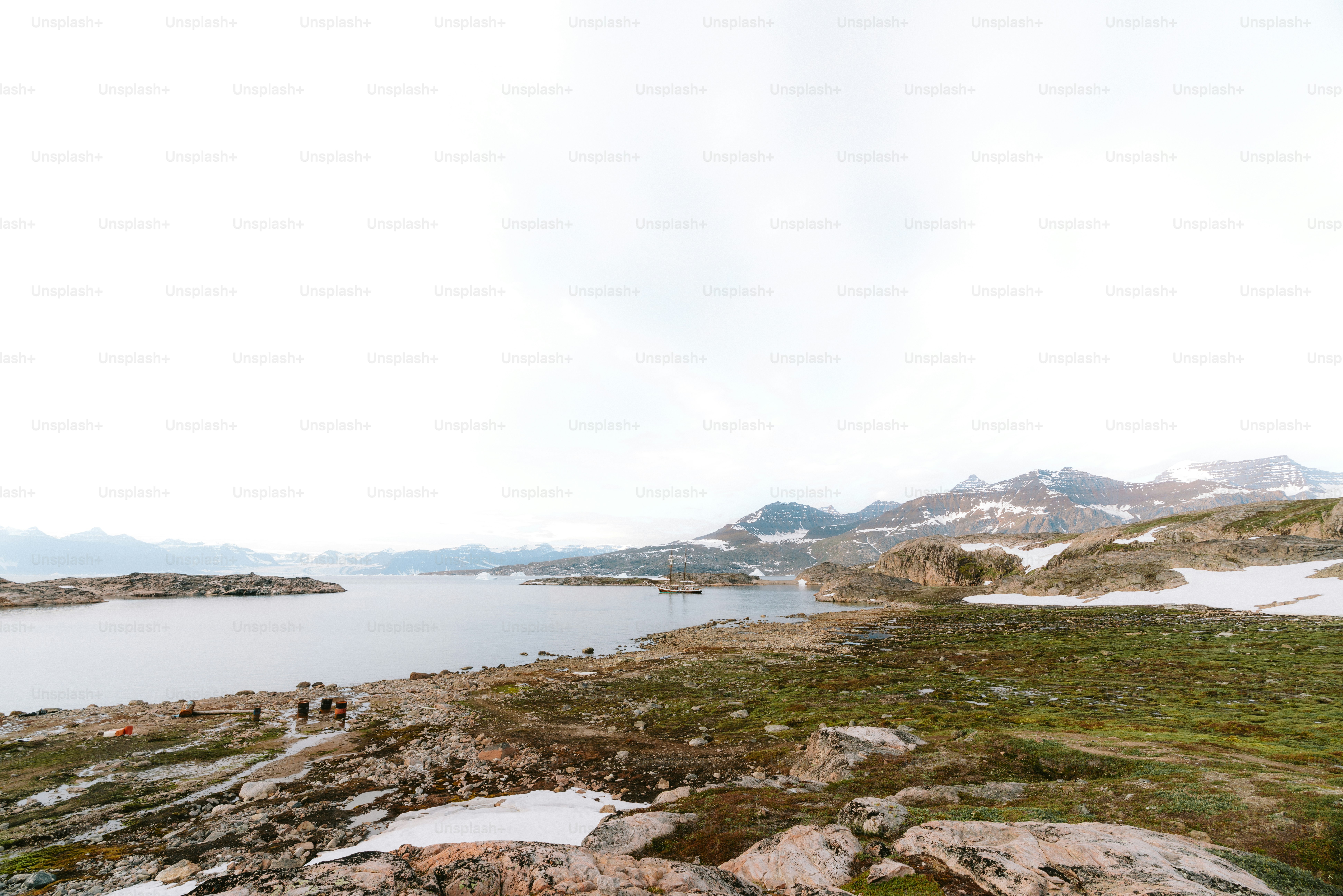 A lake surrounded by mountains and snow.