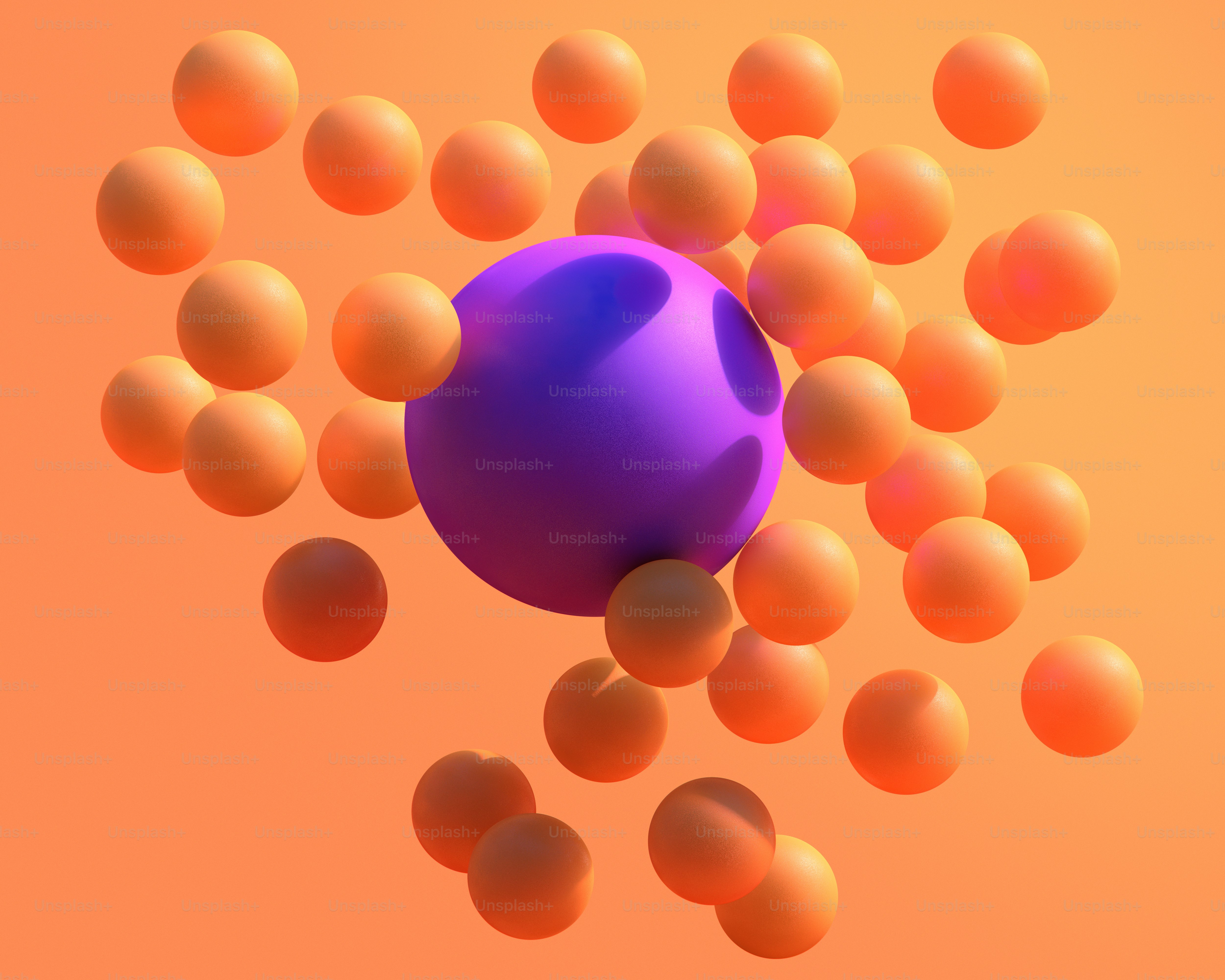 Una grande sfera viola circondata da sfere arancioni più piccole.