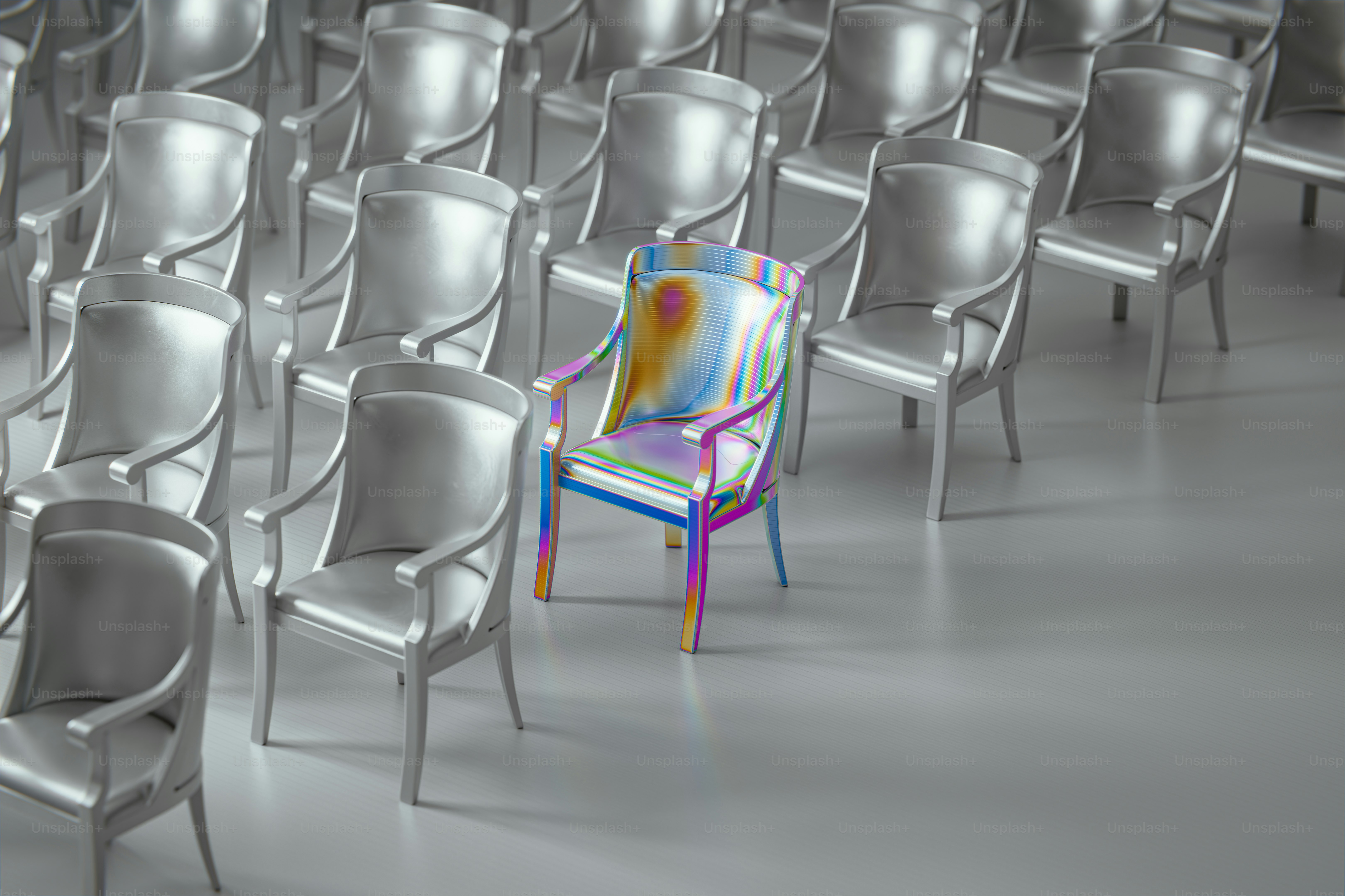 One colorful chair stands out among silver ones