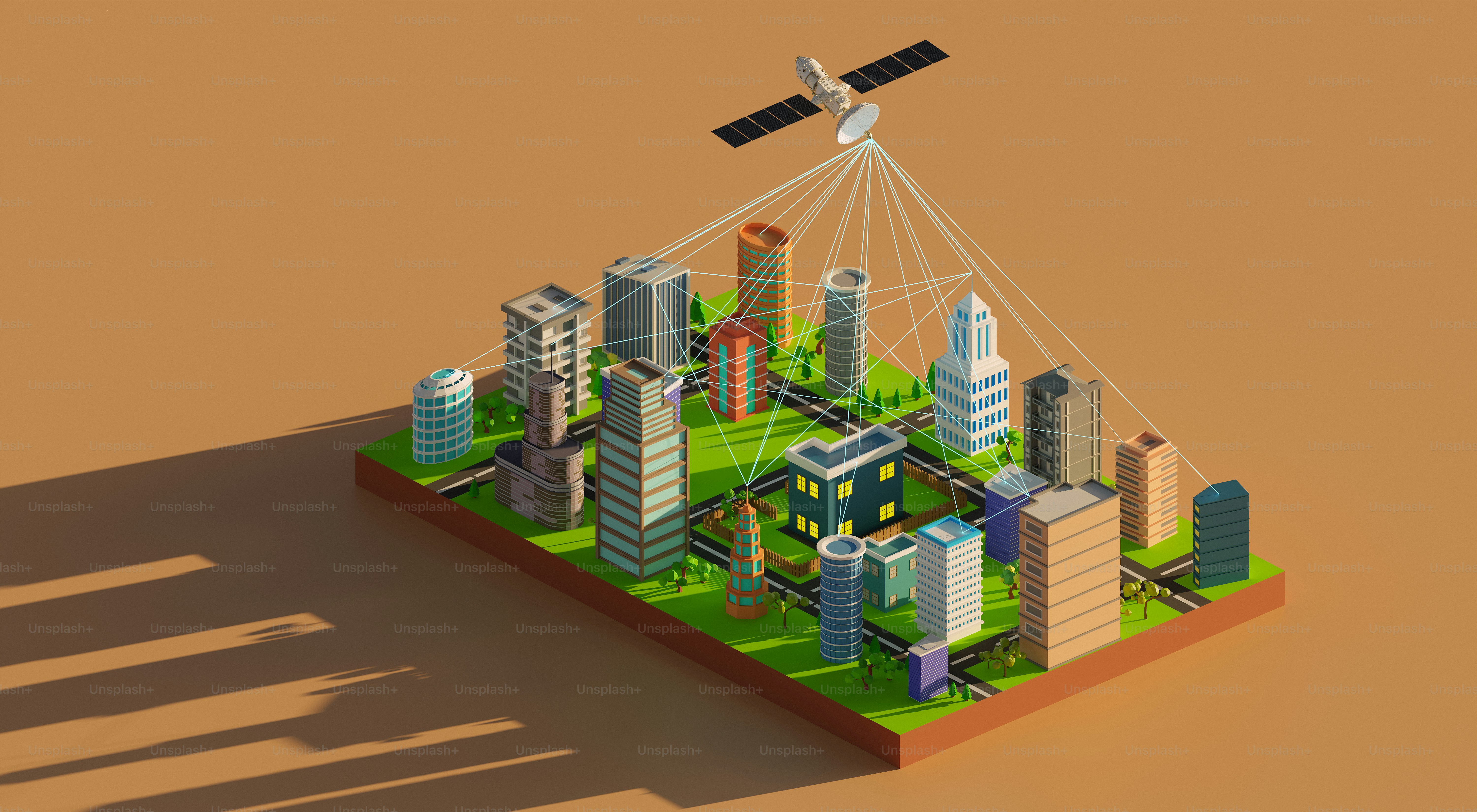 Satellite transmits signals to city buildings.