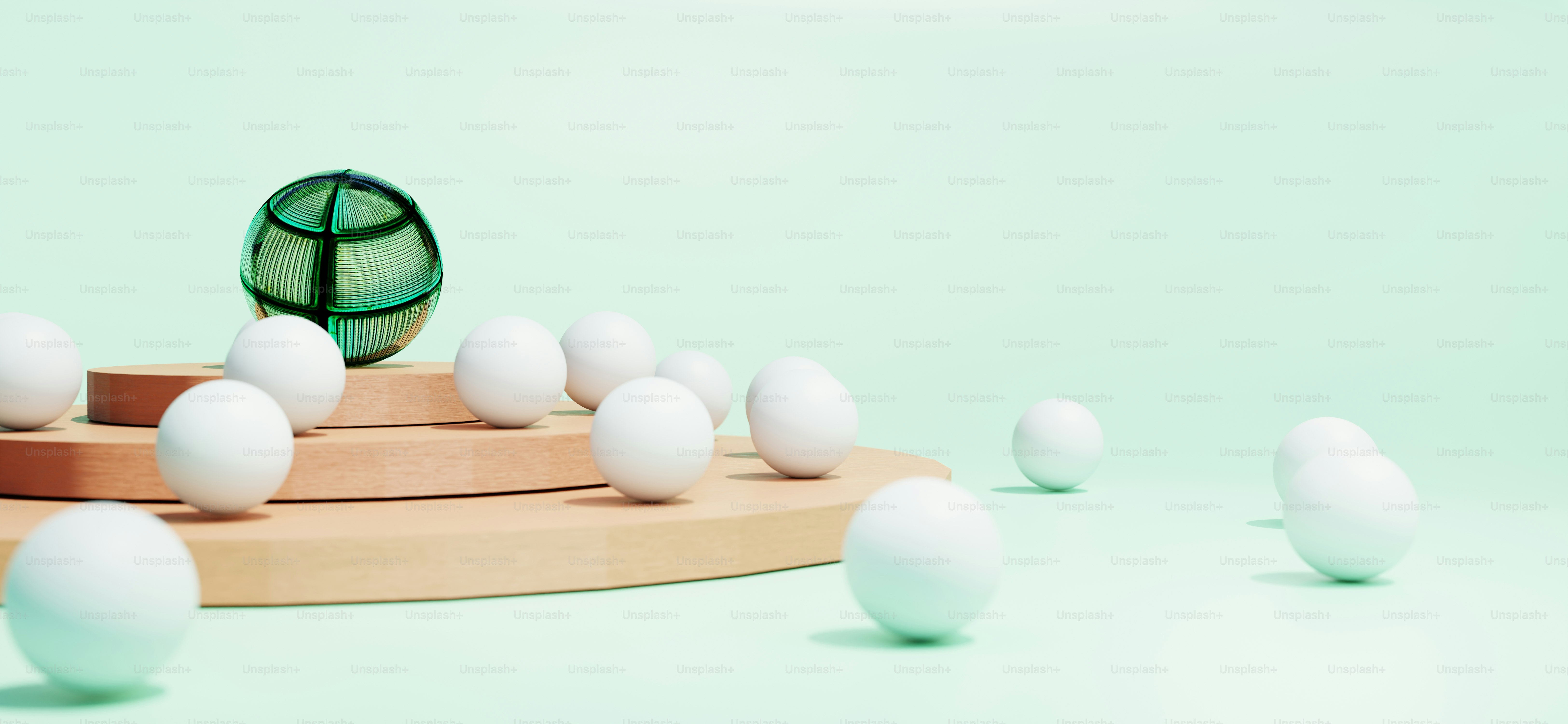 Eggs surrounding a green globe on a wooden stand.