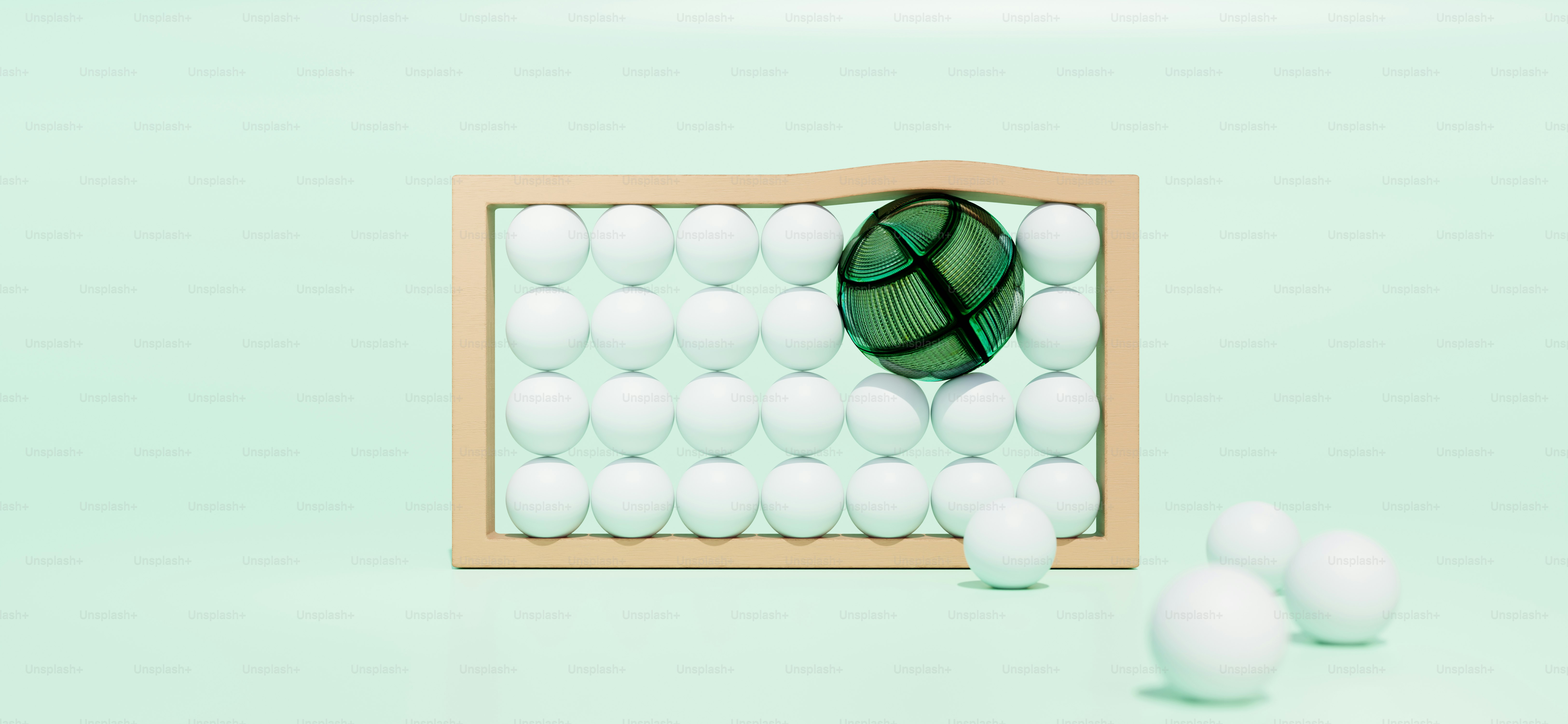 A green sphere in a grid of eggs.
