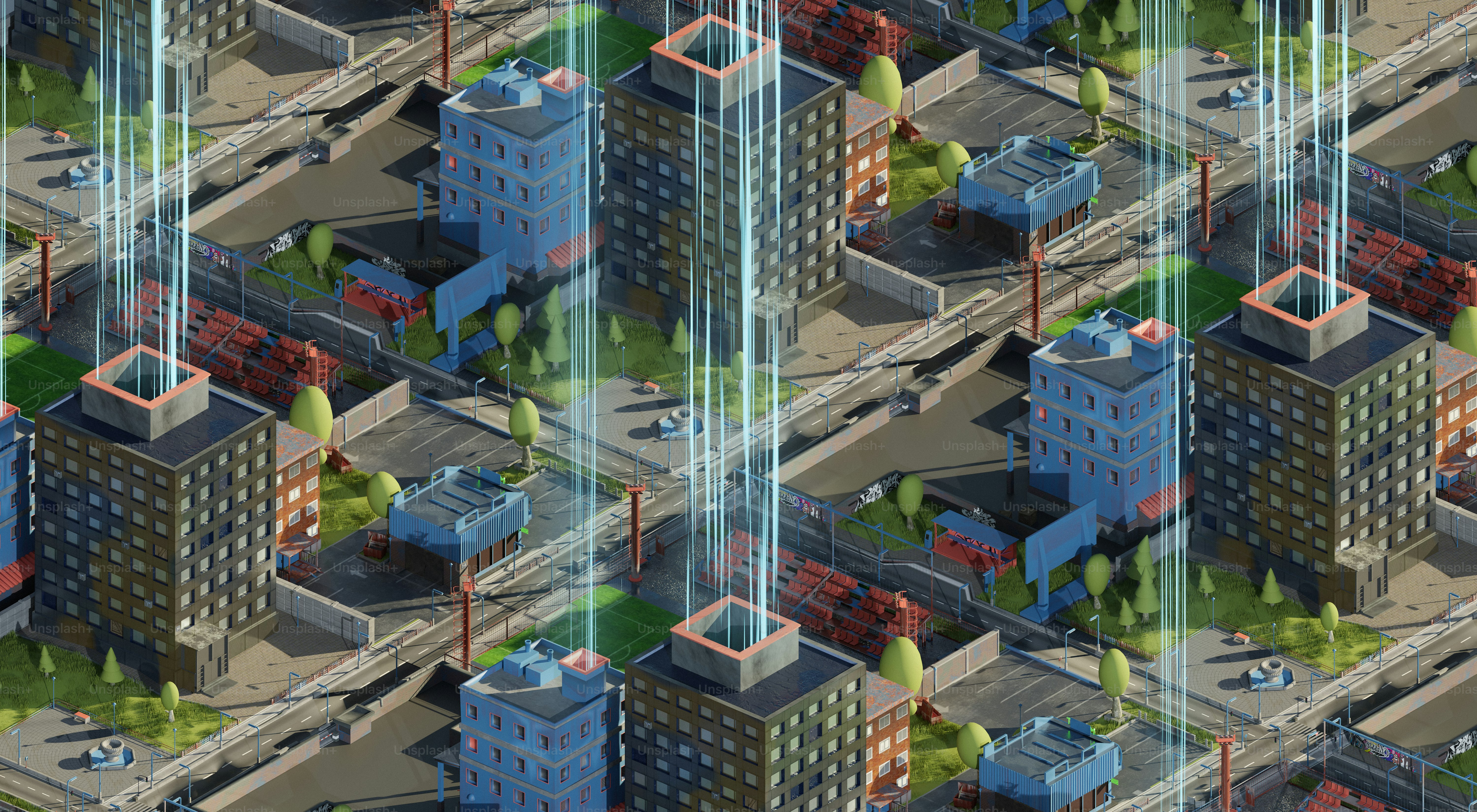 Data beams connecting buildings in a city.