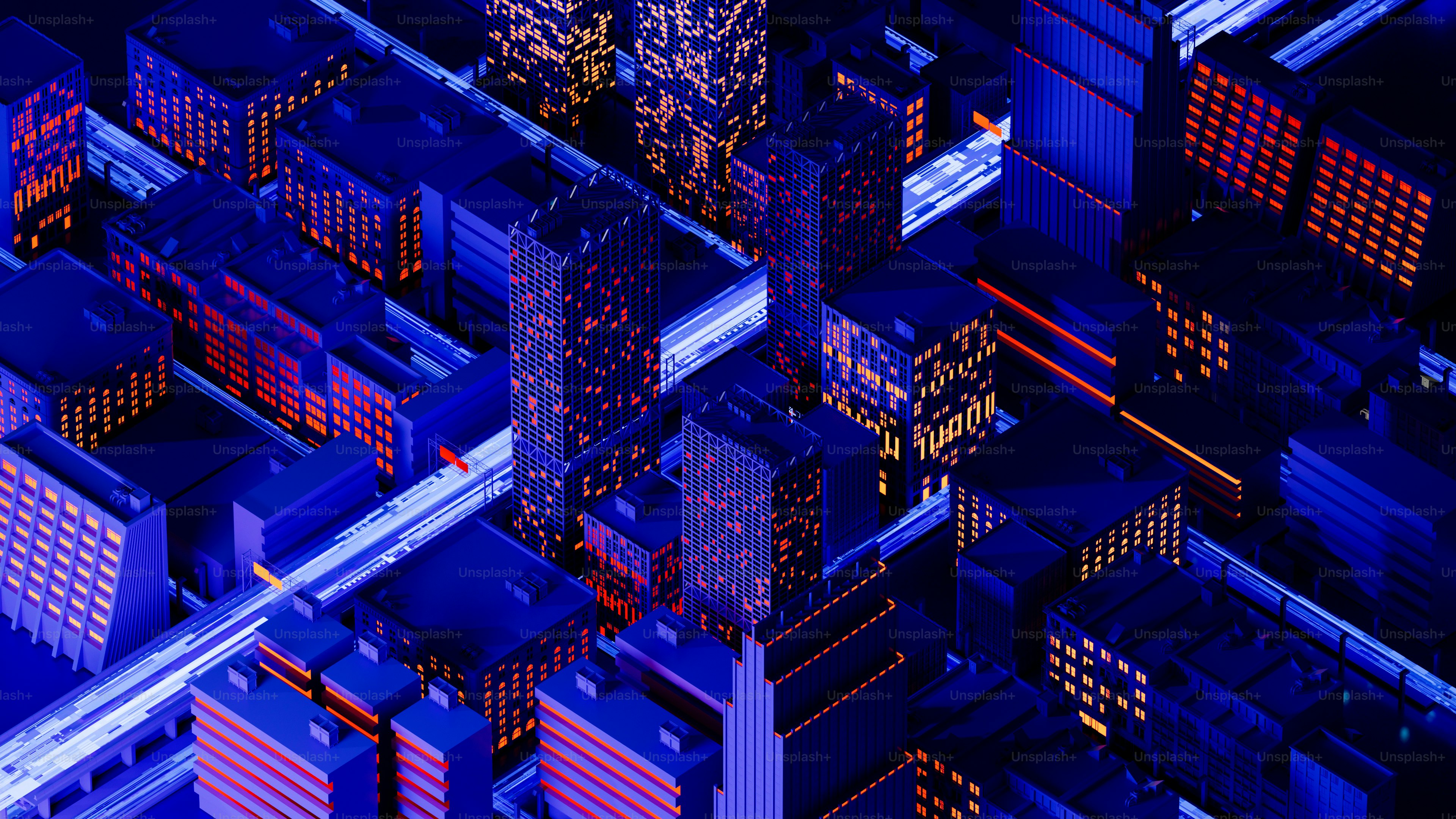 Nighttime city skyline with glowing buildings.