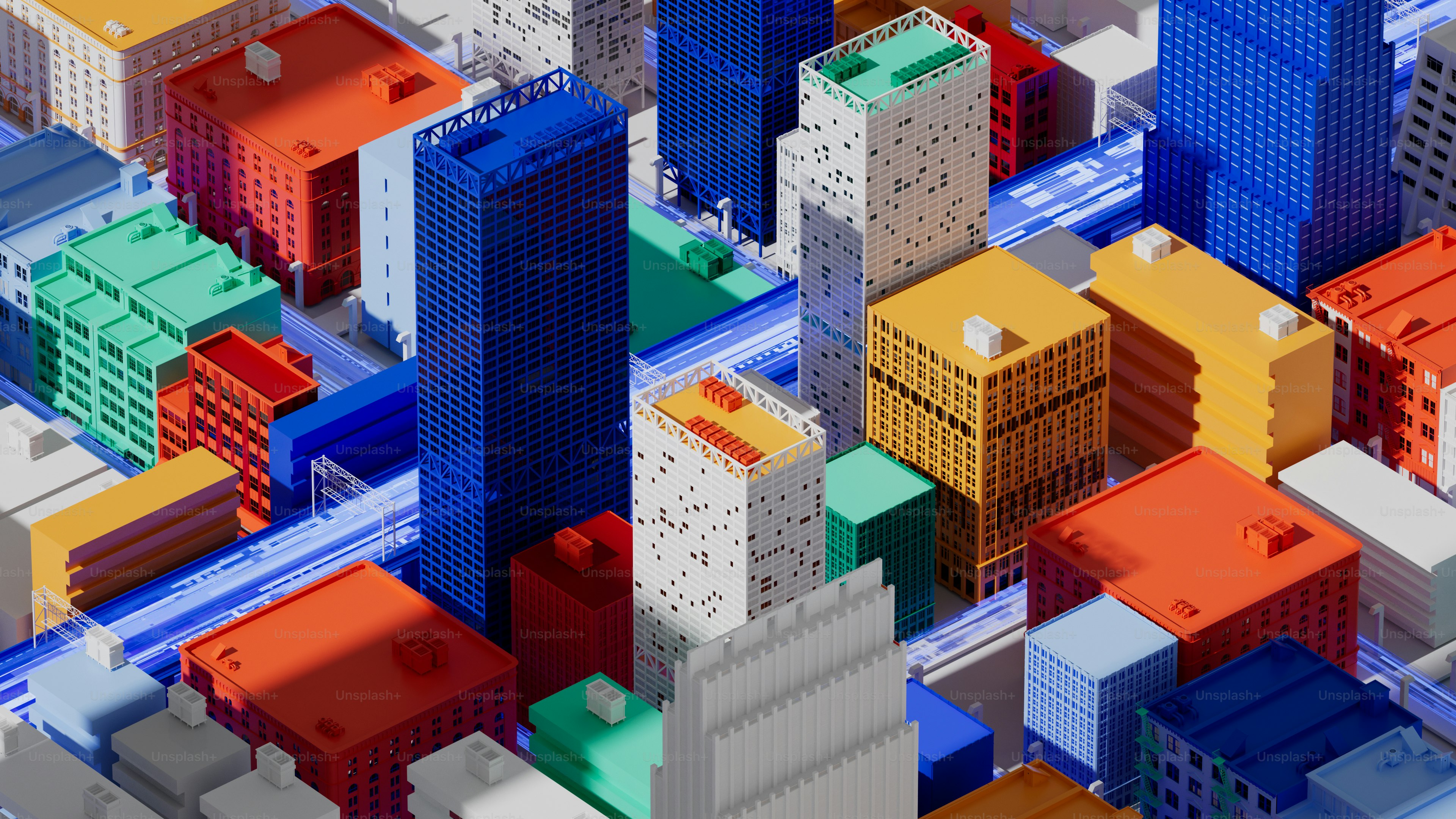 Vibrant cityscape with colorful buildings.