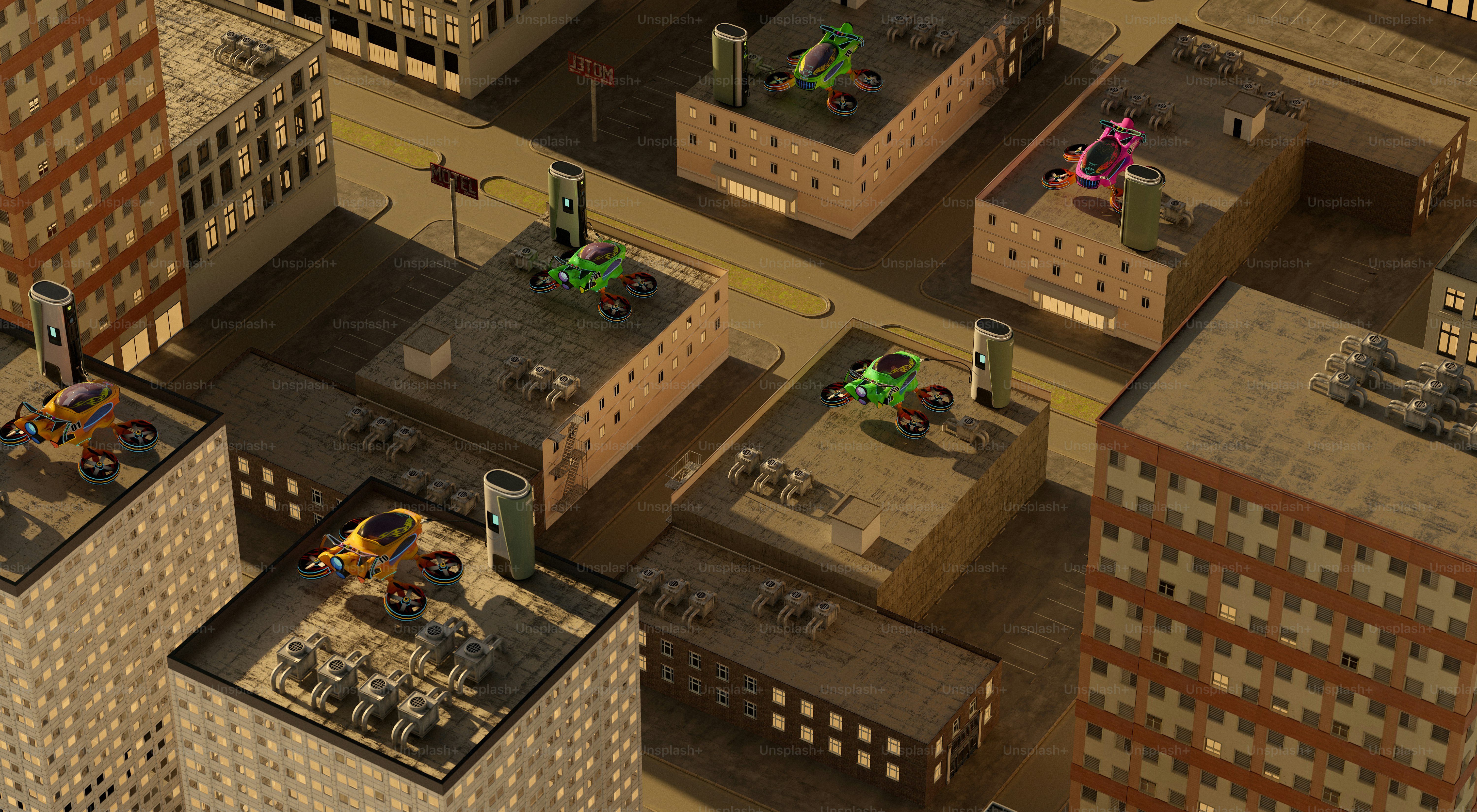 Helicopters are on rooftops of city buildings