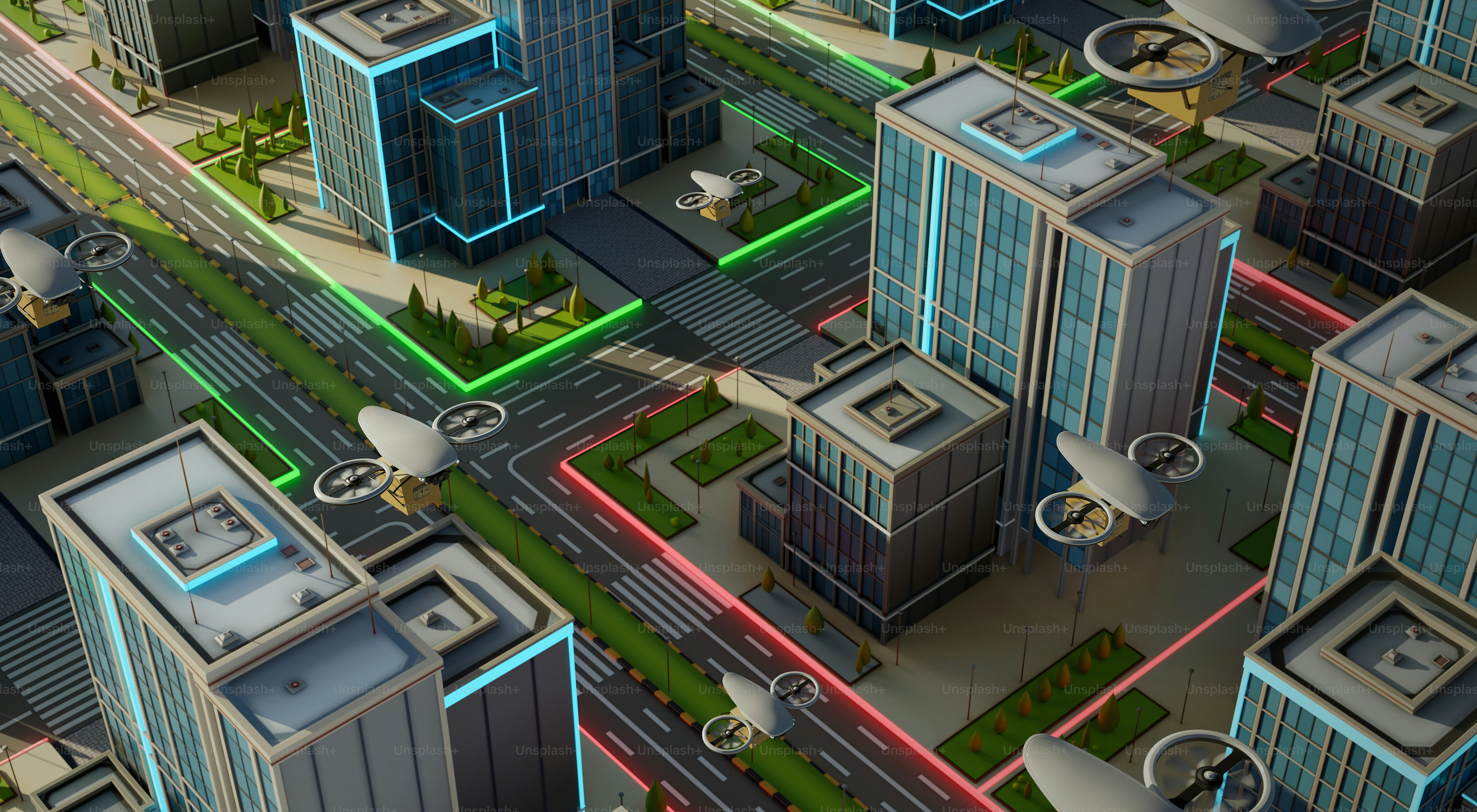 Futuristic city with flying cars navigating busy streets.