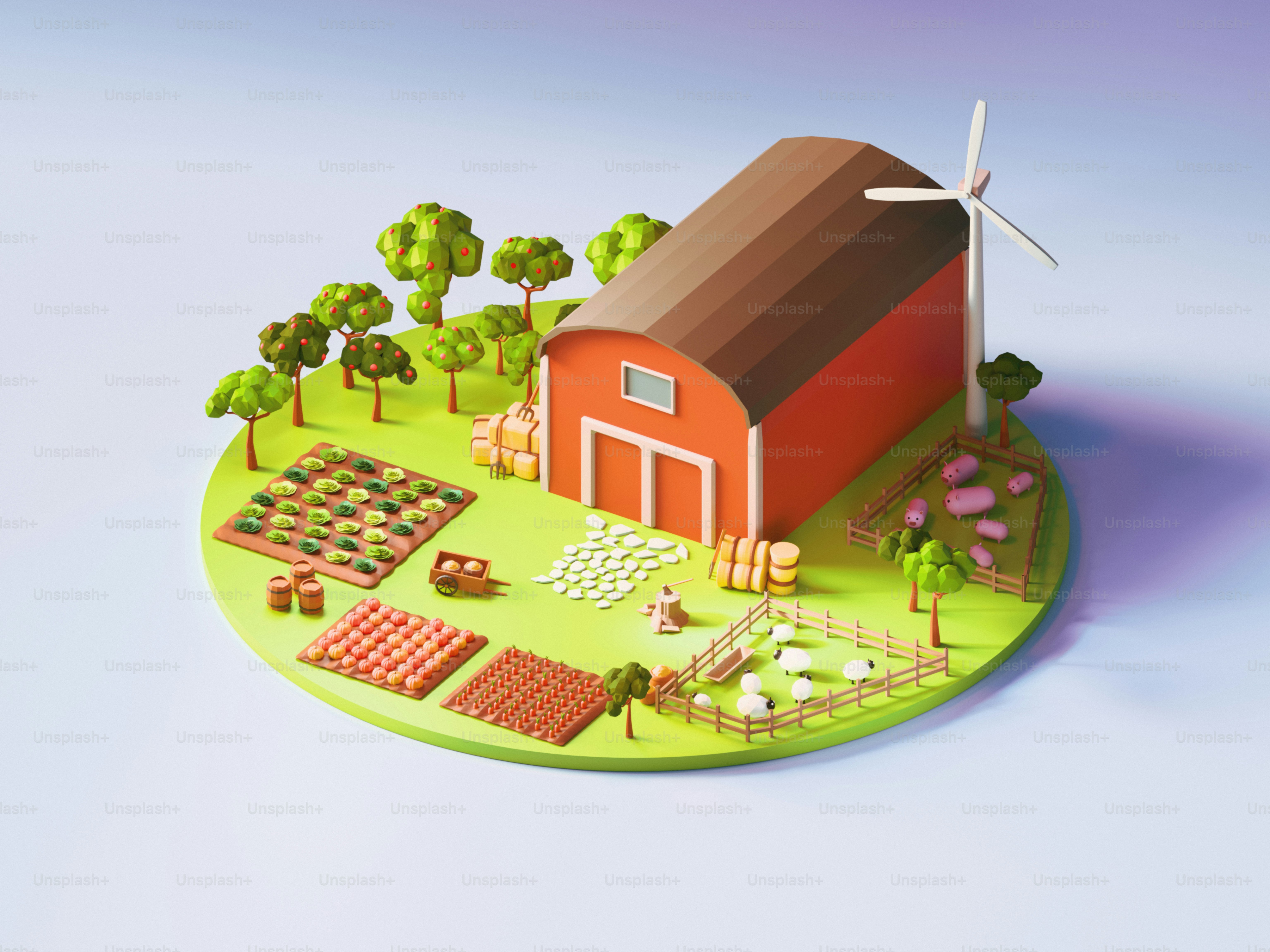 Uma fazenda colorida e caricatural em um círculo.