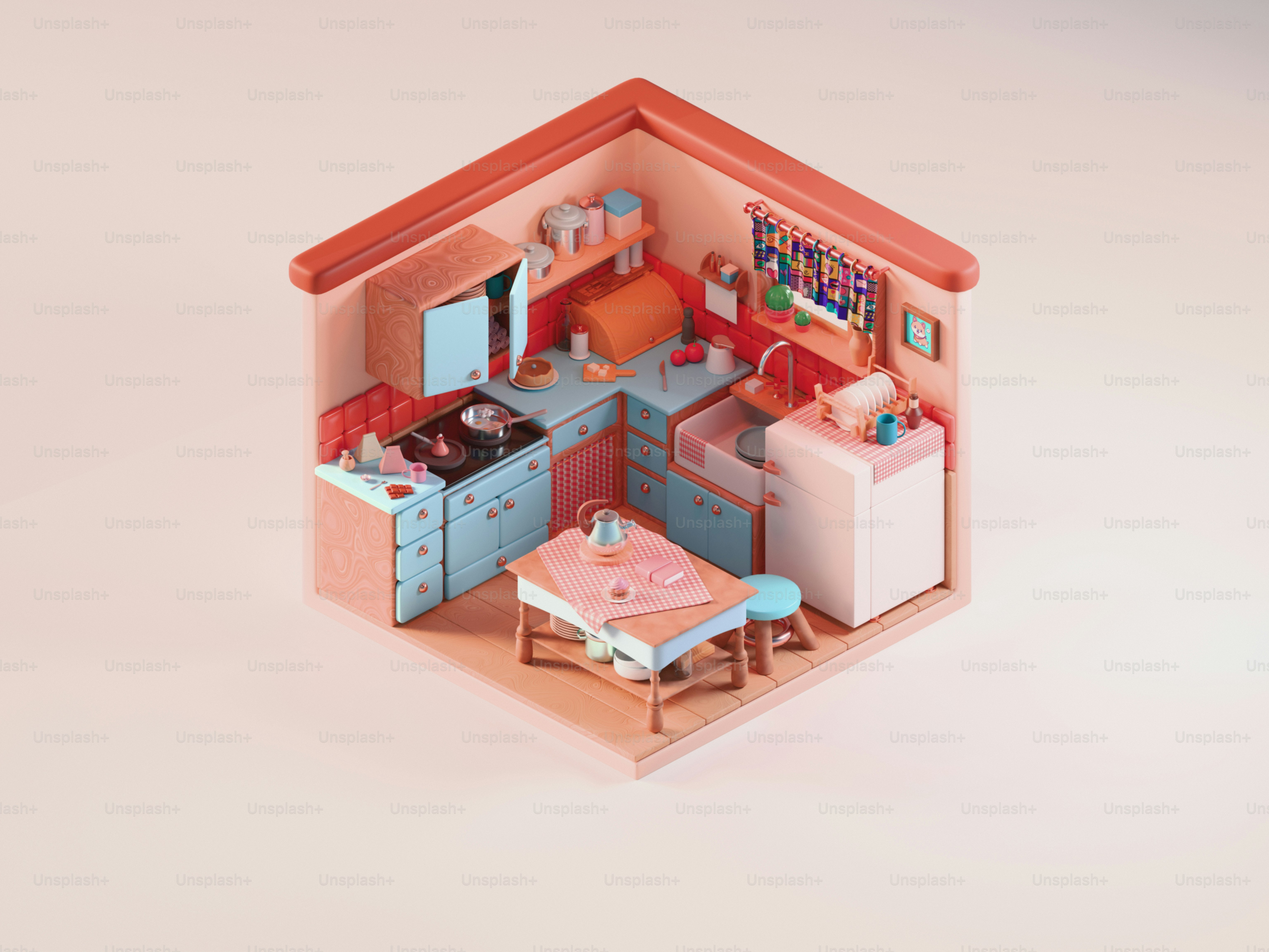 A tiny, cozy isometric kitchen with furniture.