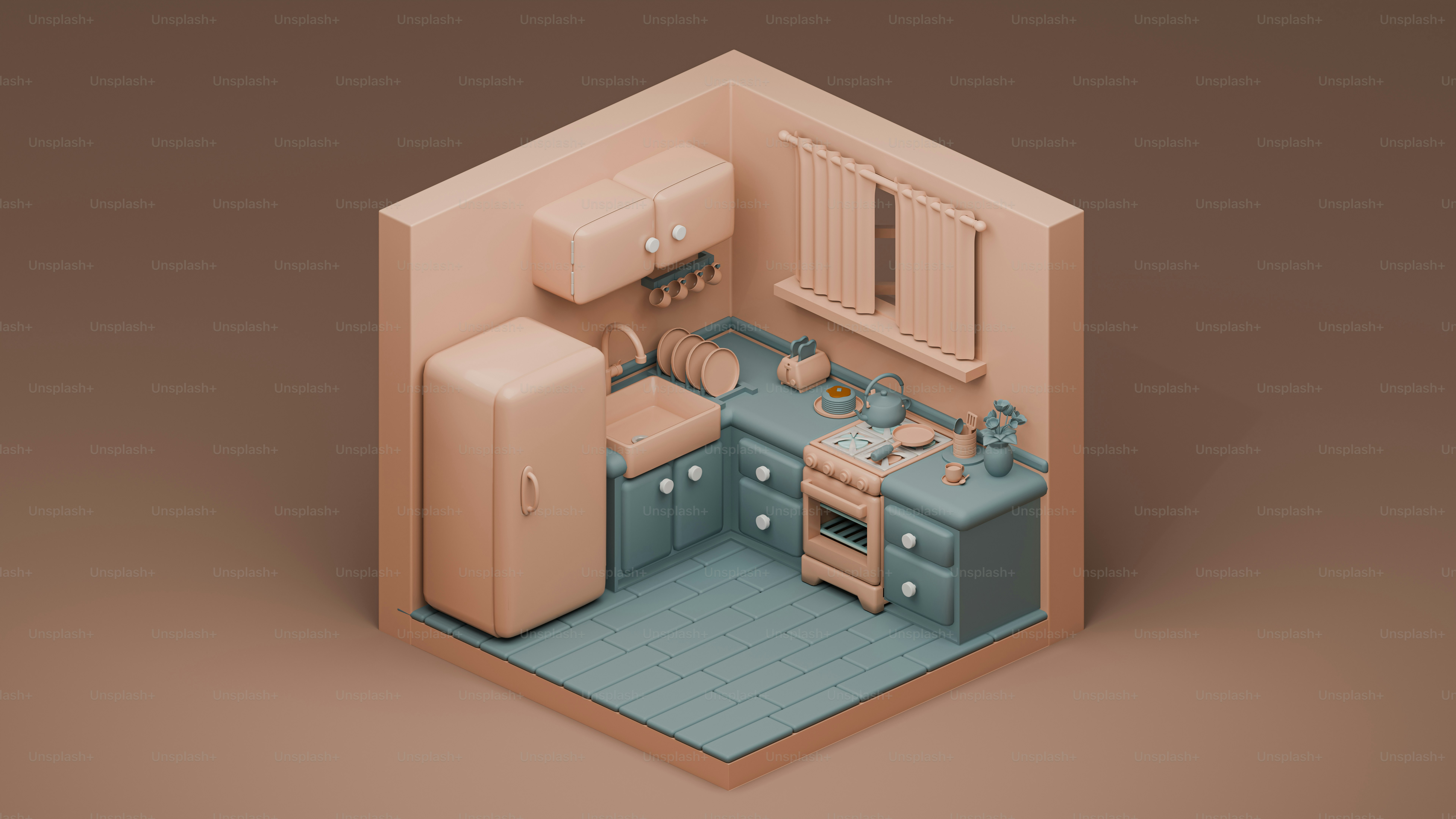 A stylized, isometric view of a kitchen. photo – 3d render Image on ...