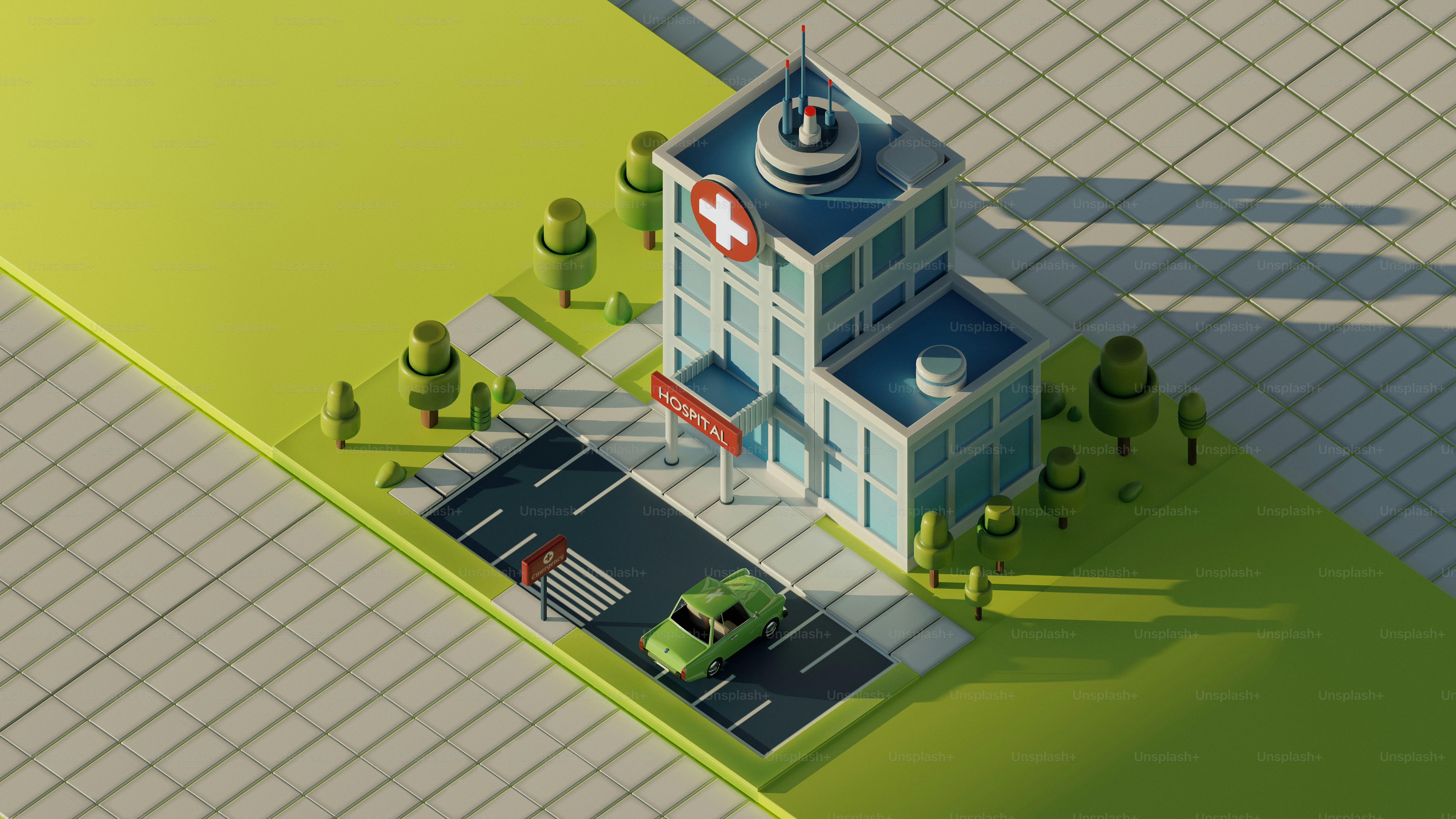 Um prédio de hospital de desenho animado com um carro na estrada.