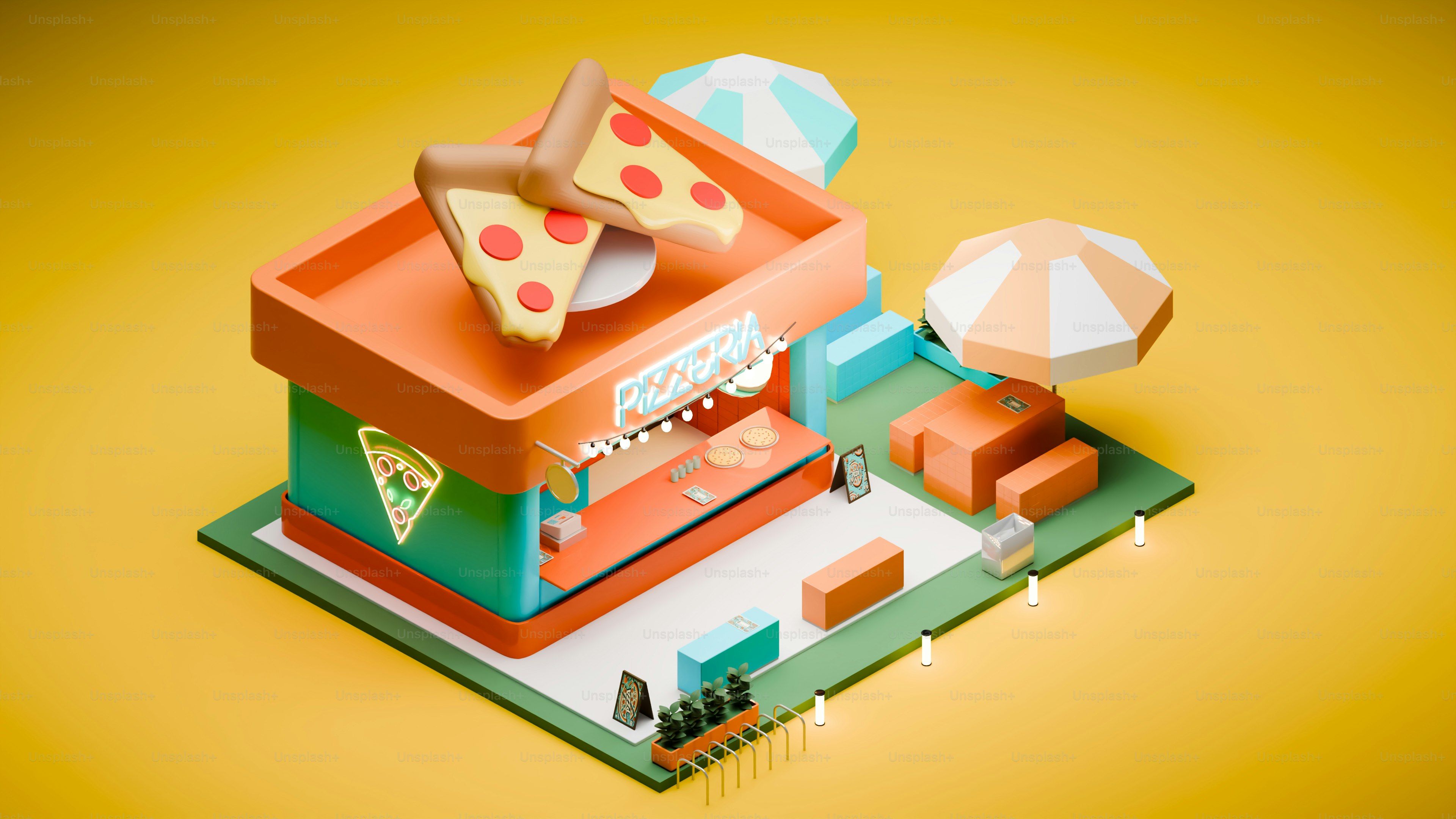 Un'illustrazione 3D di una vivace pizzeria.