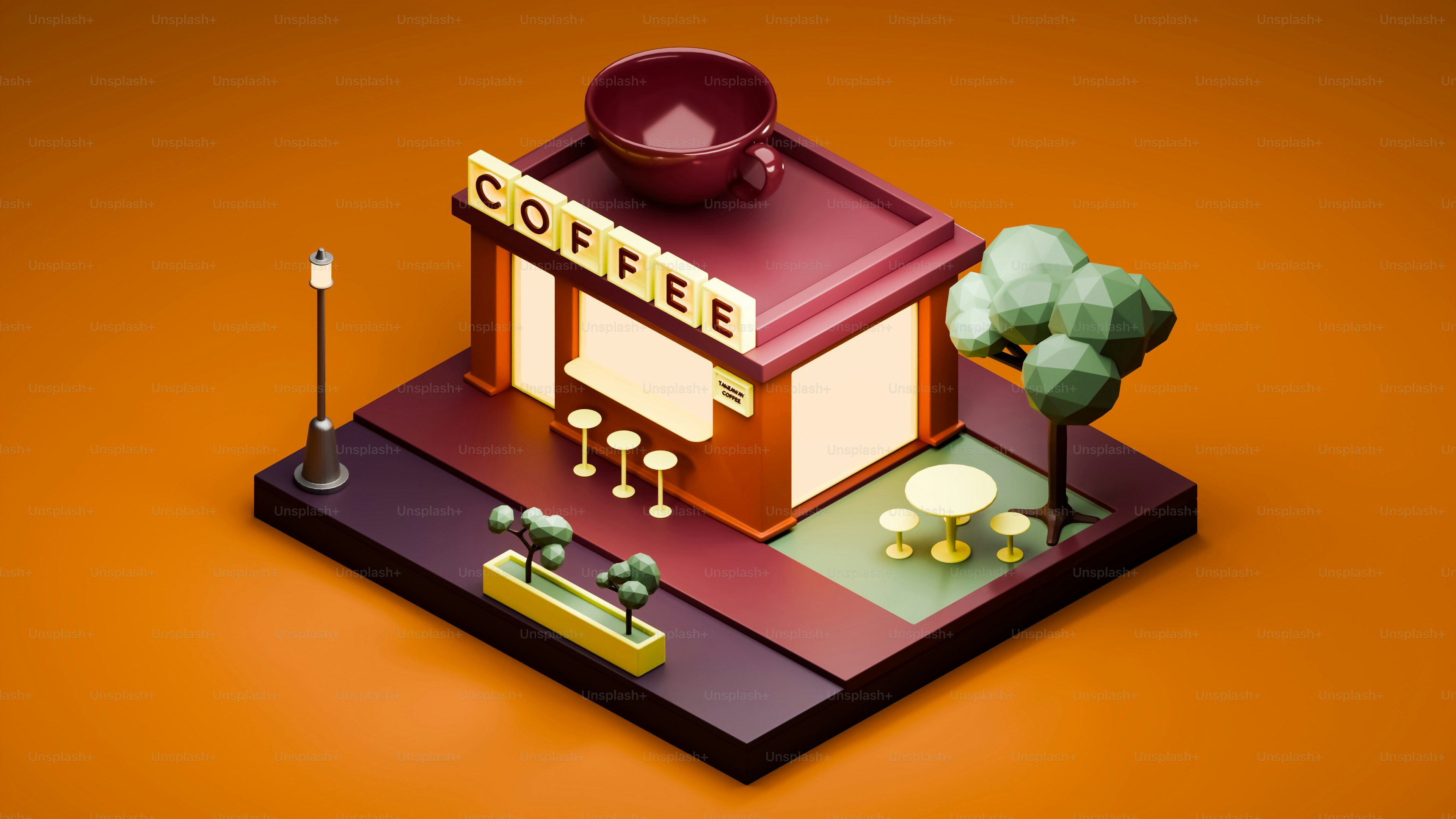 Un rendering 3D di un'accogliente caffetteria.