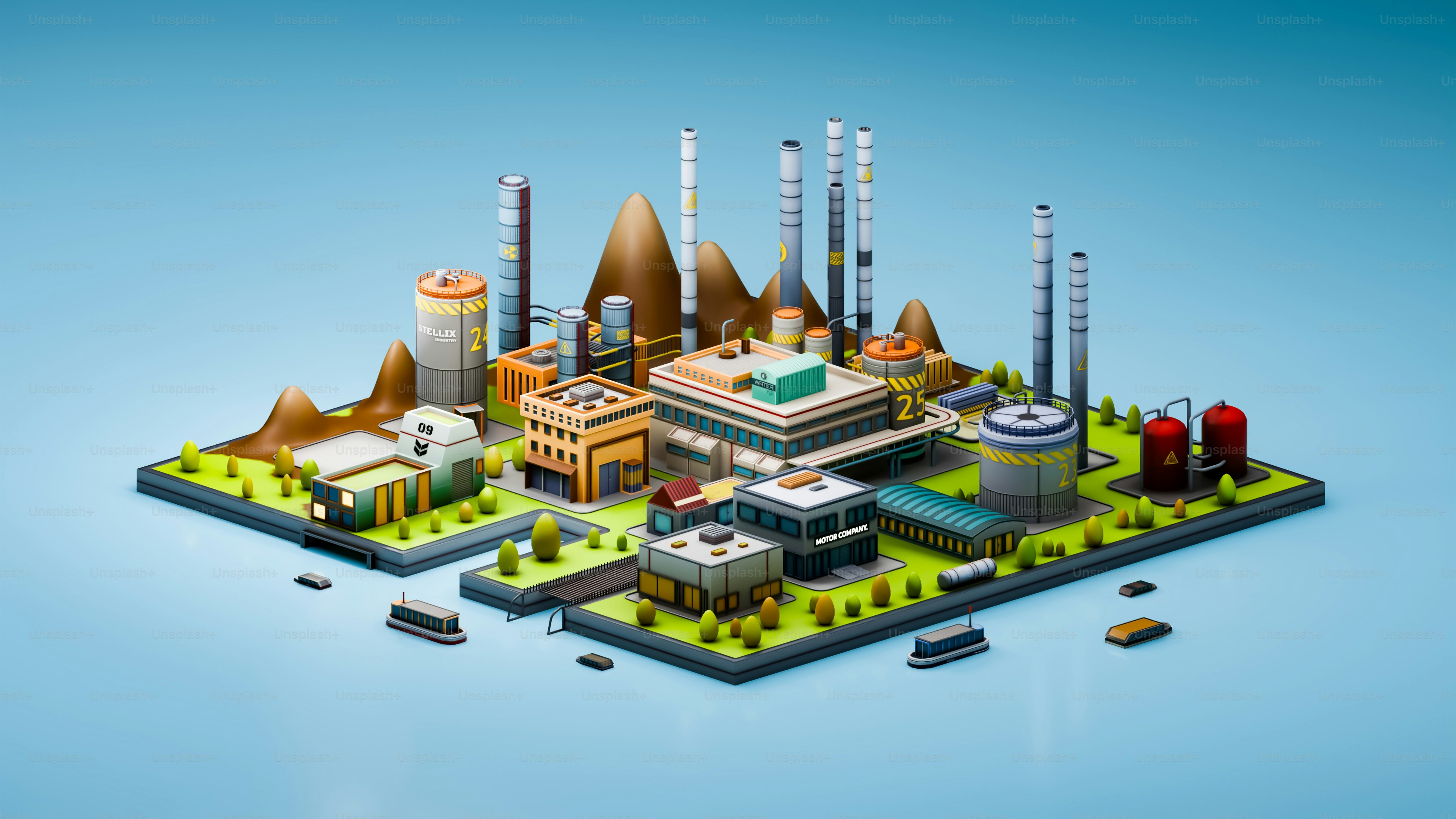 Una città industriale in miniatura su una piattaforma.