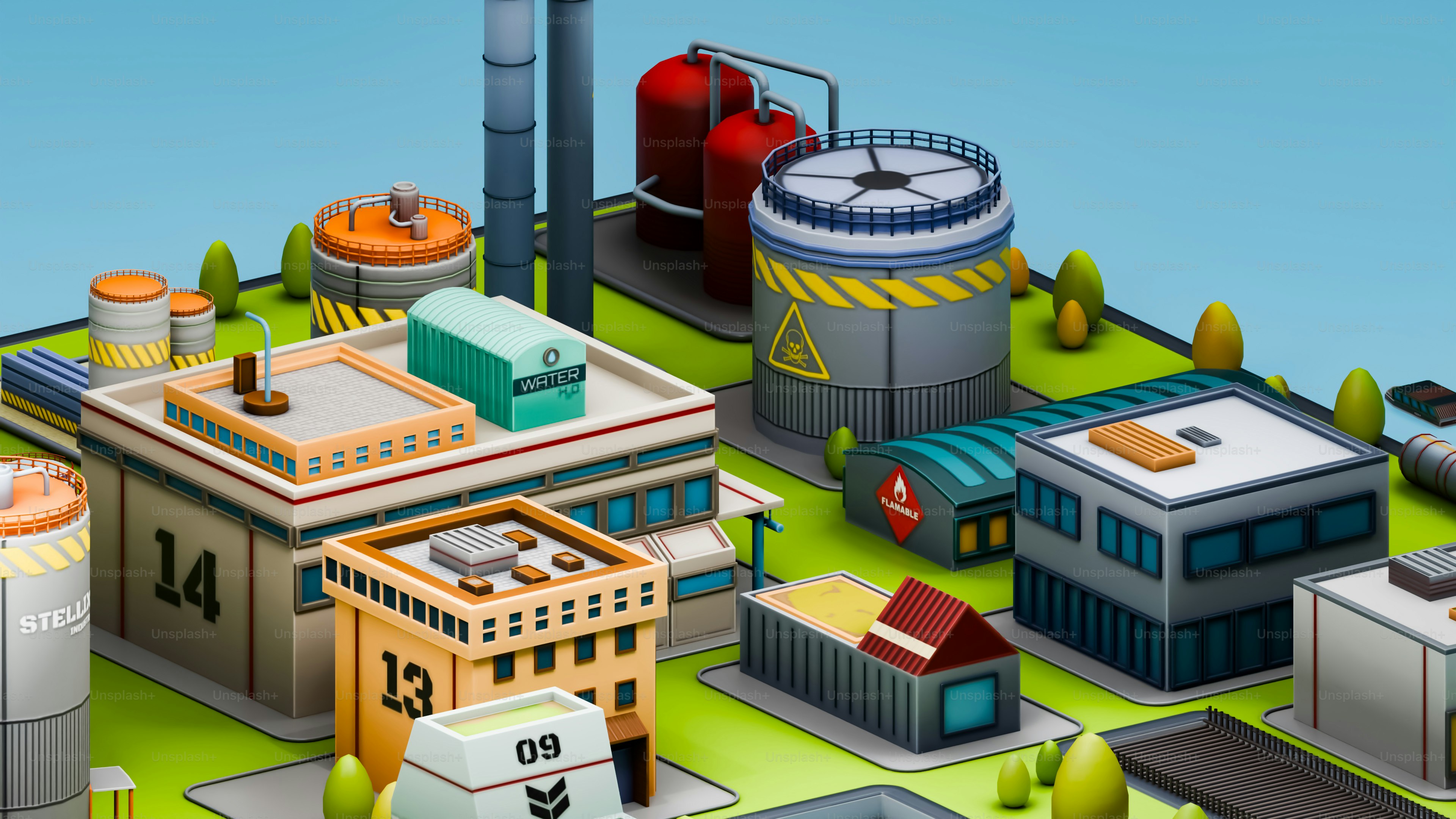 Gli edifici delle fabbriche dei cartoni animati si ergono su una piattaforma verde.