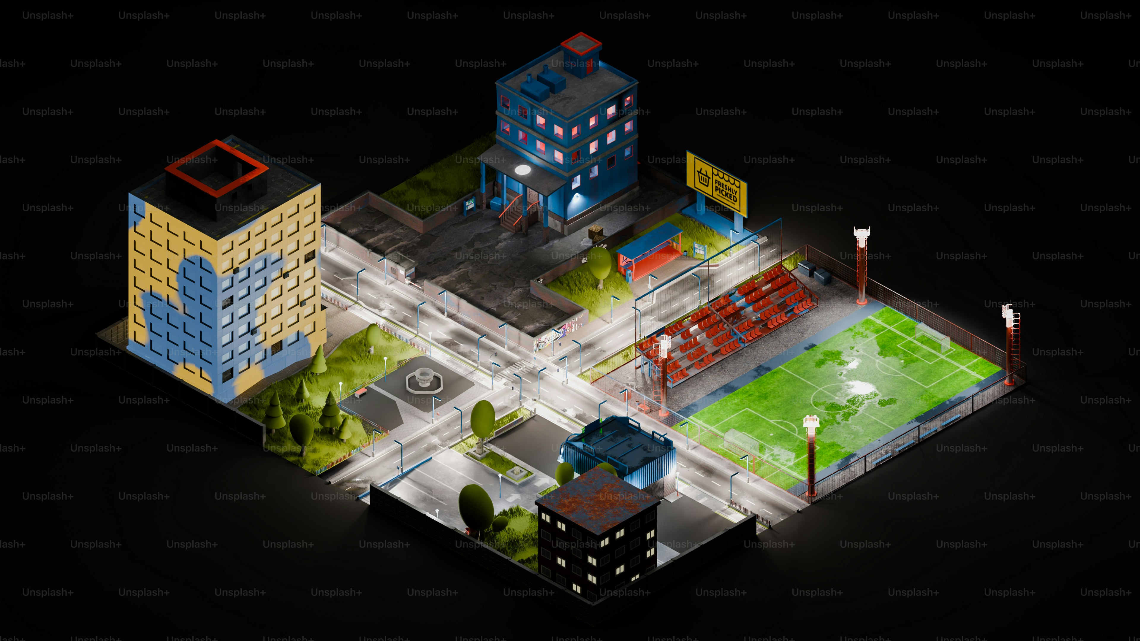 Una città in miniatura illuminata di notte.