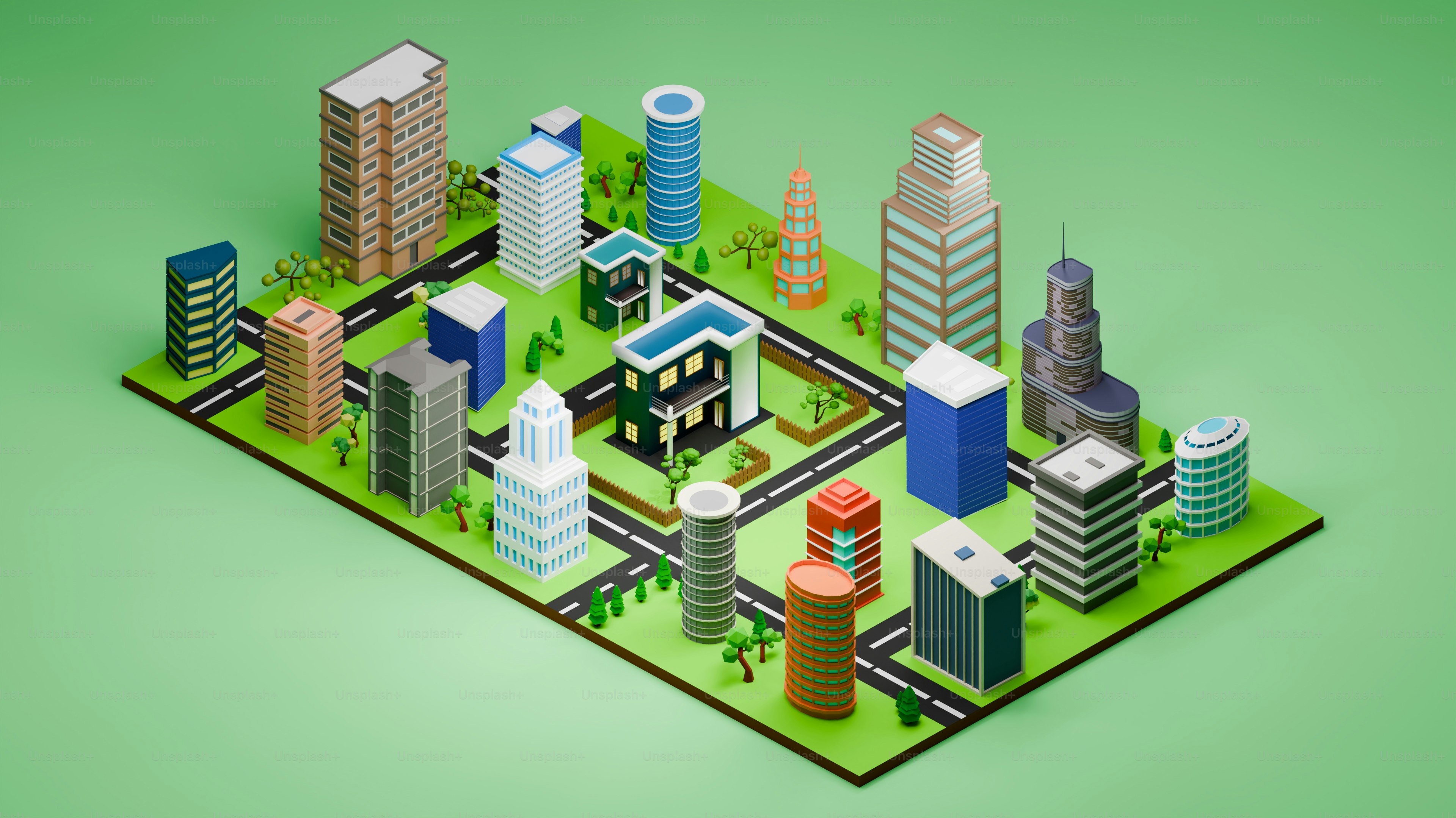 Un modello di città isometrico colorato su sfondo verde.