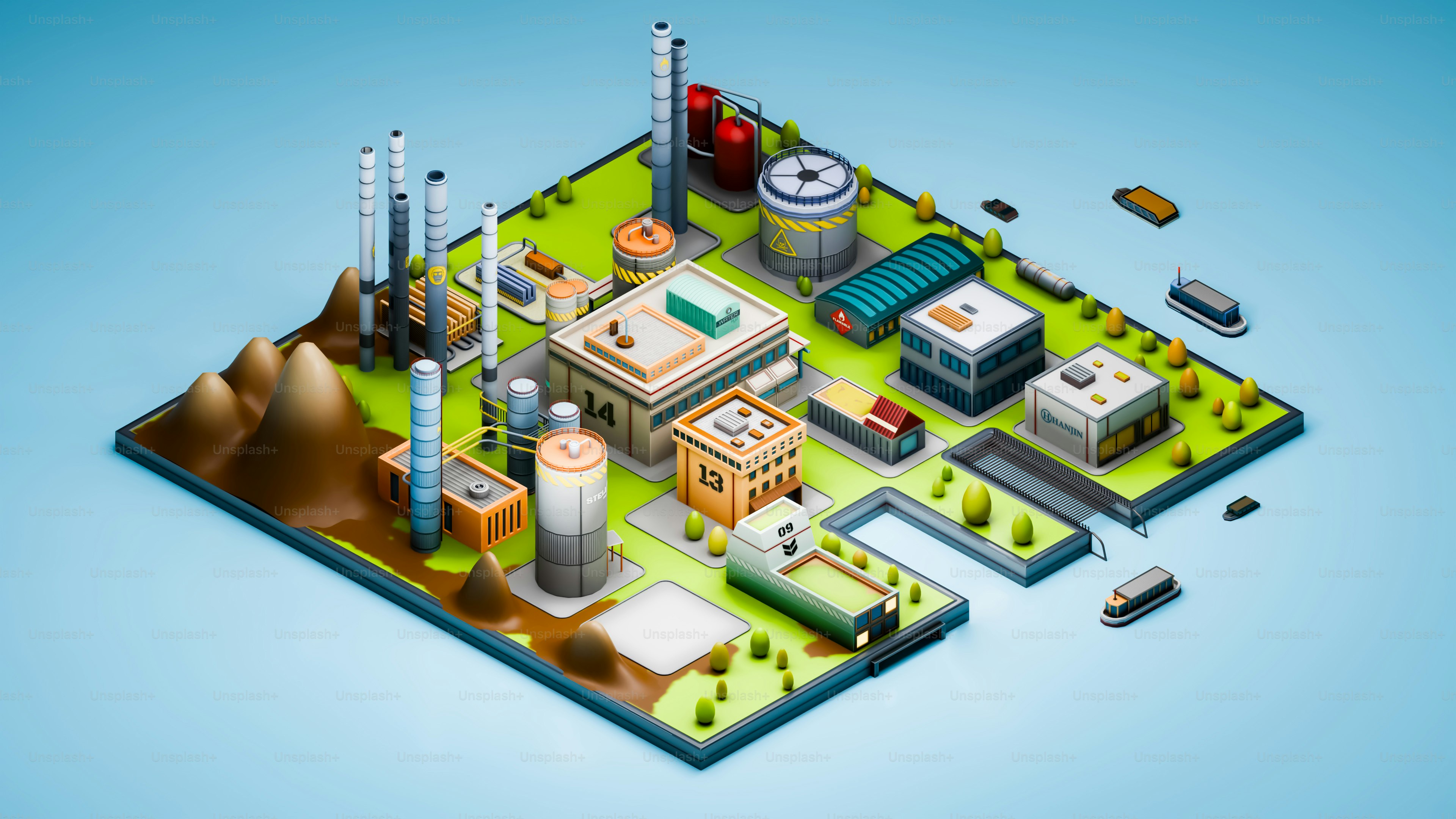 Un'illustrazione stilizzata raffigura una fabbrica con edifici.