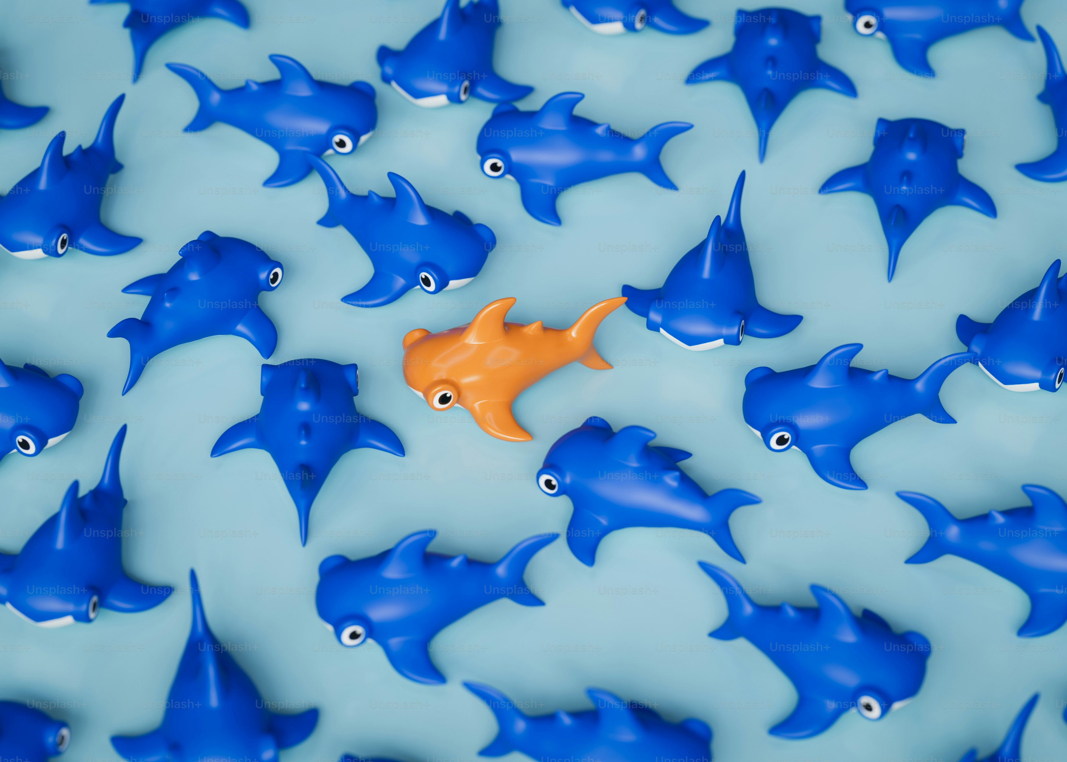 An orange shark stands out amongst blue ones.