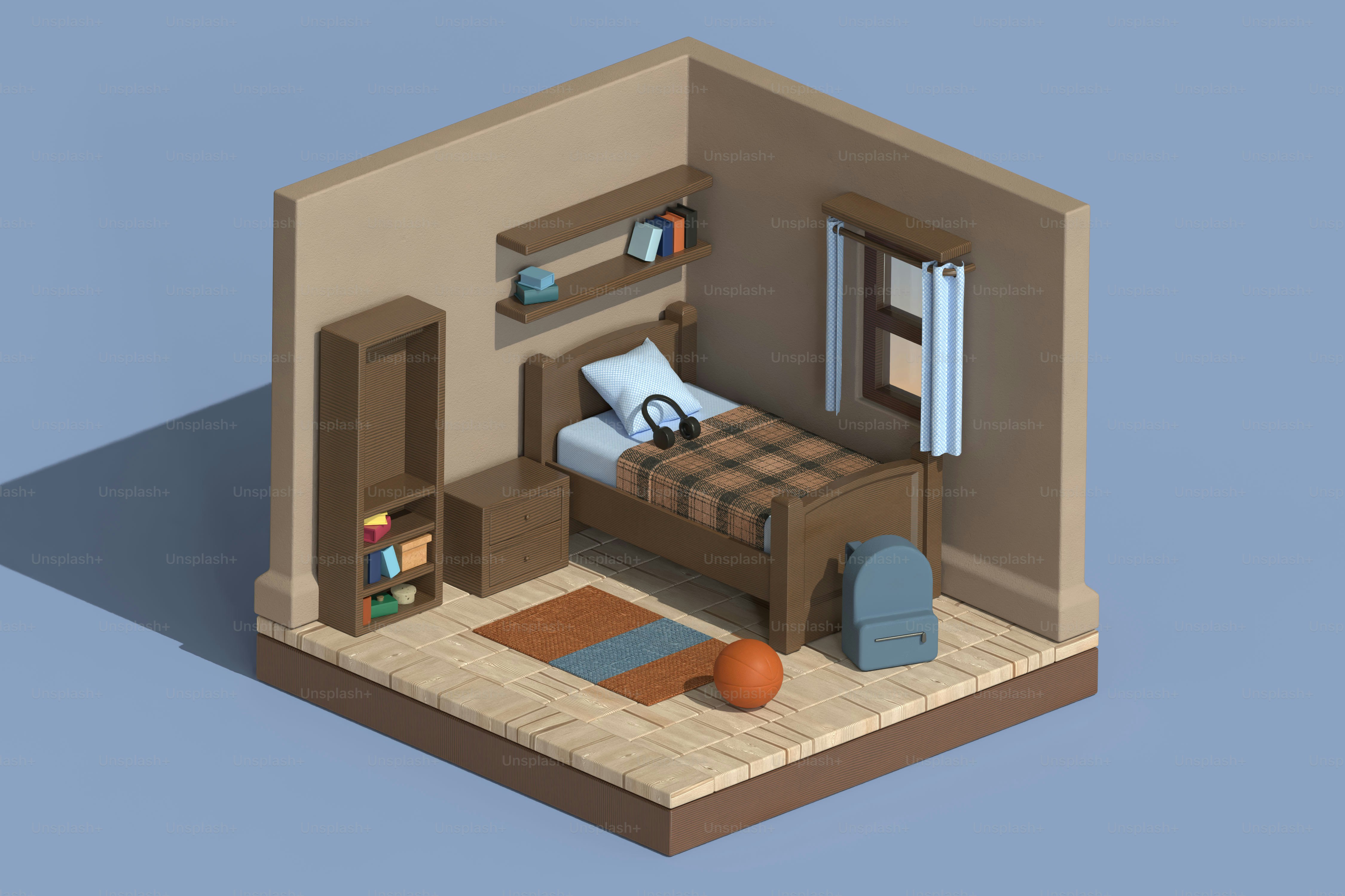 居心地の良いベッドルームがローポリスタイルで示されています。