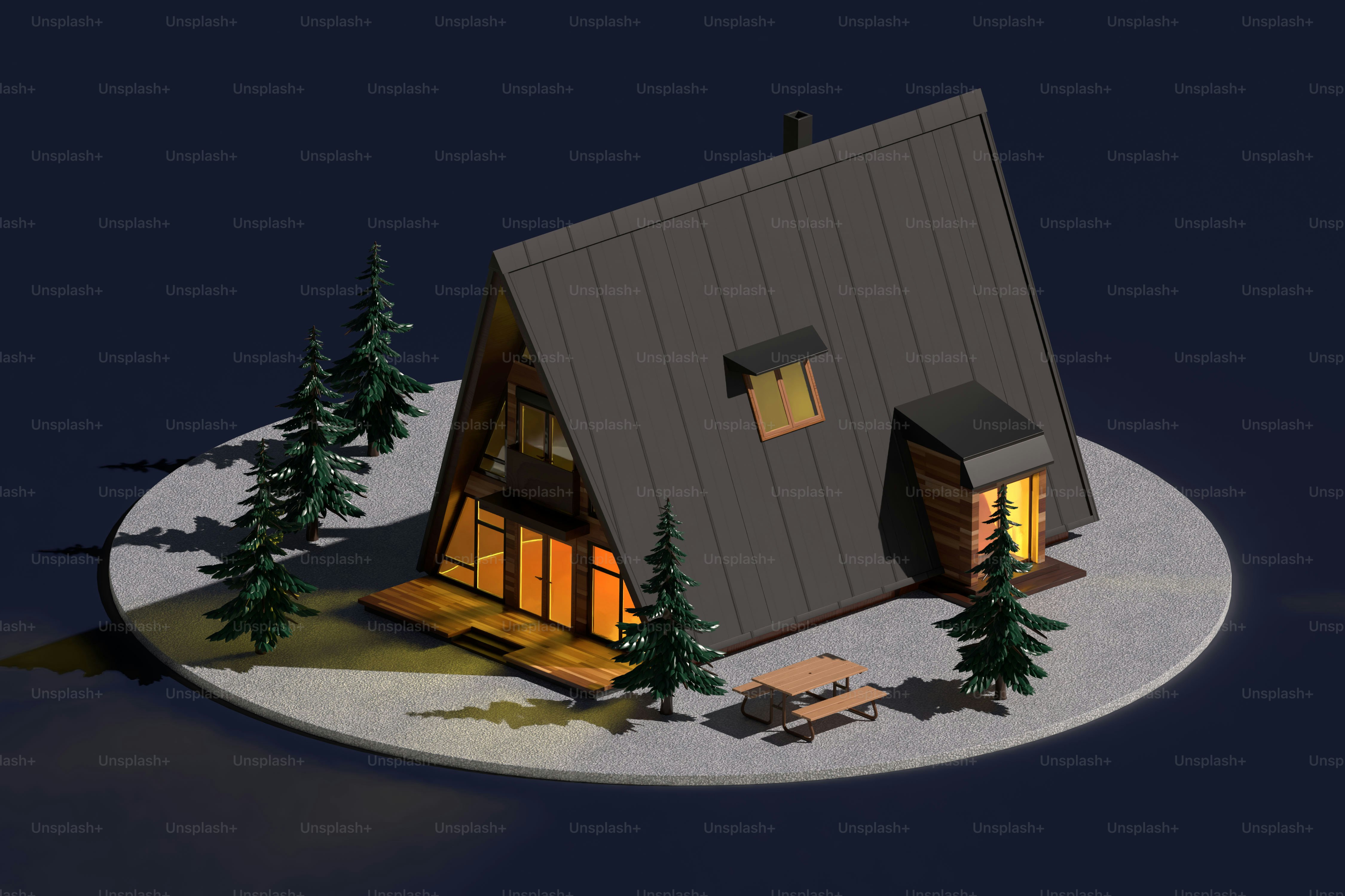 夜は暖かい光が差し込む居心地の良いAフレームの家。